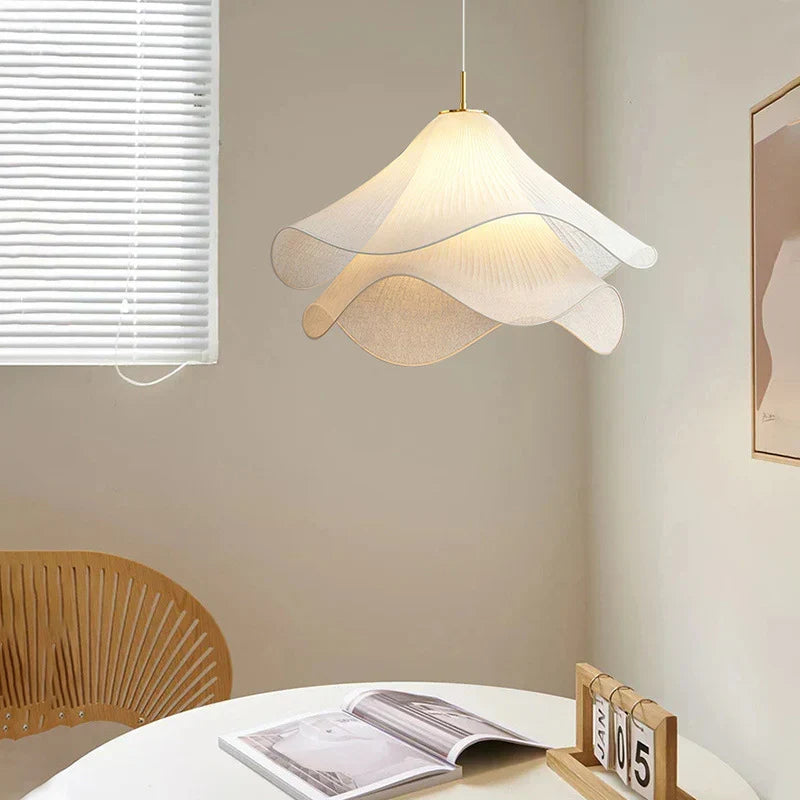 White Japandi Fabric pendant lights LED Light With Wavy Shade