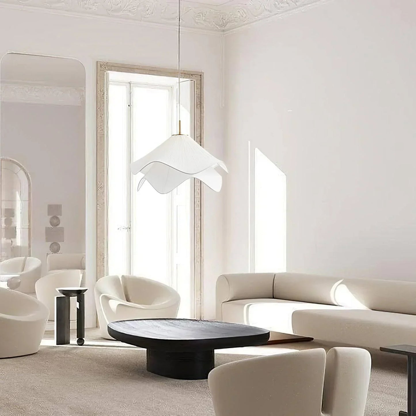White Japandi Fabric pendant lights LED Light With Wavy Shade