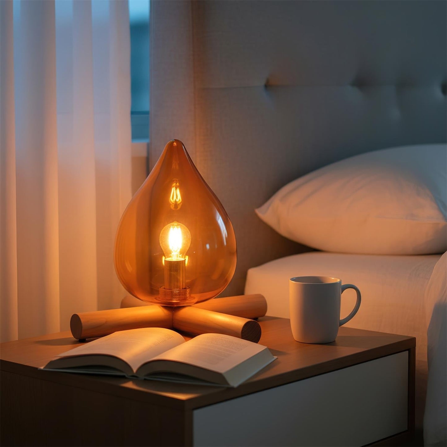 Flame-Inspired Glass Table Lamp With Wooden Cross Base