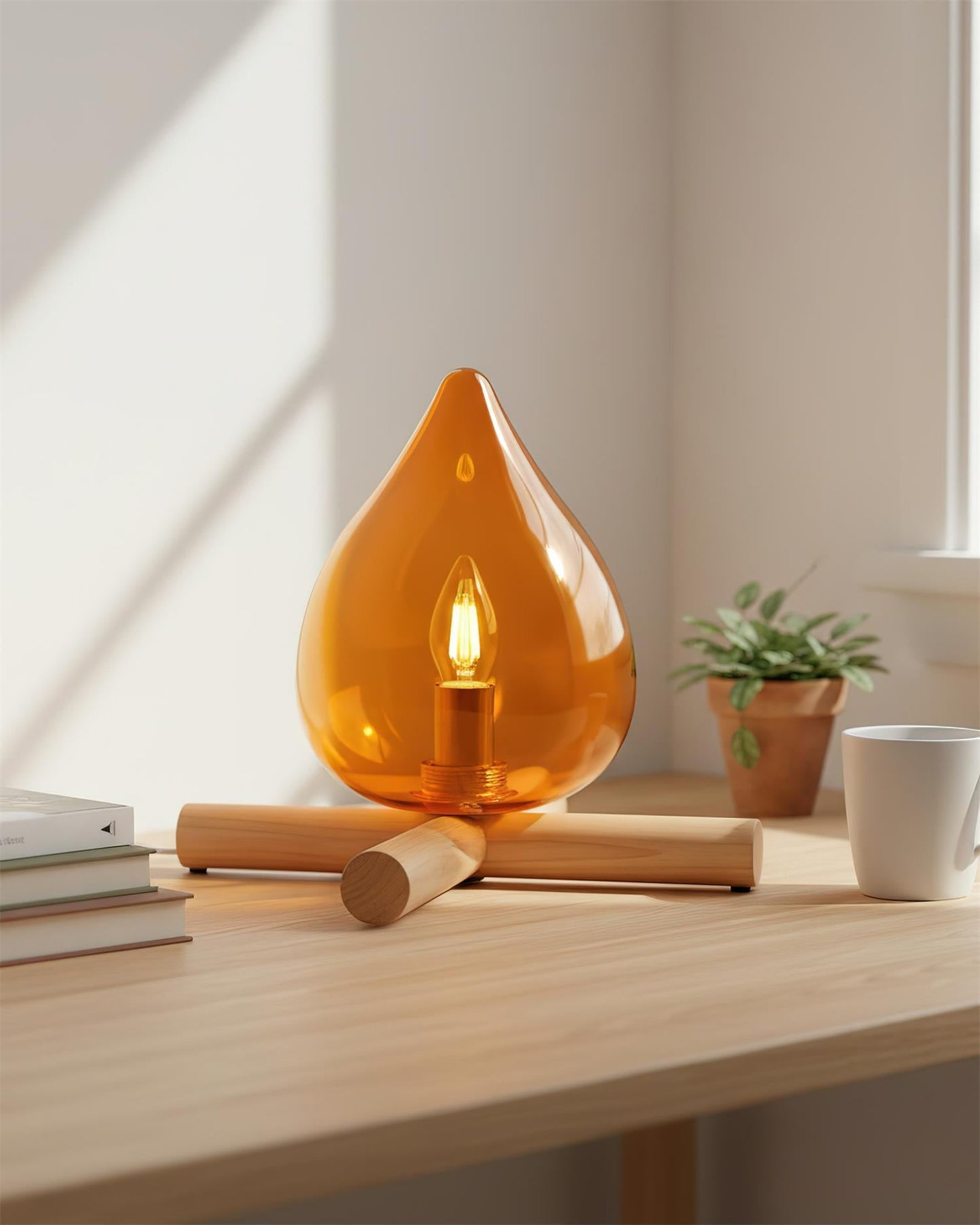Flame-Inspired Glass Table Lamp With Wooden Cross Base