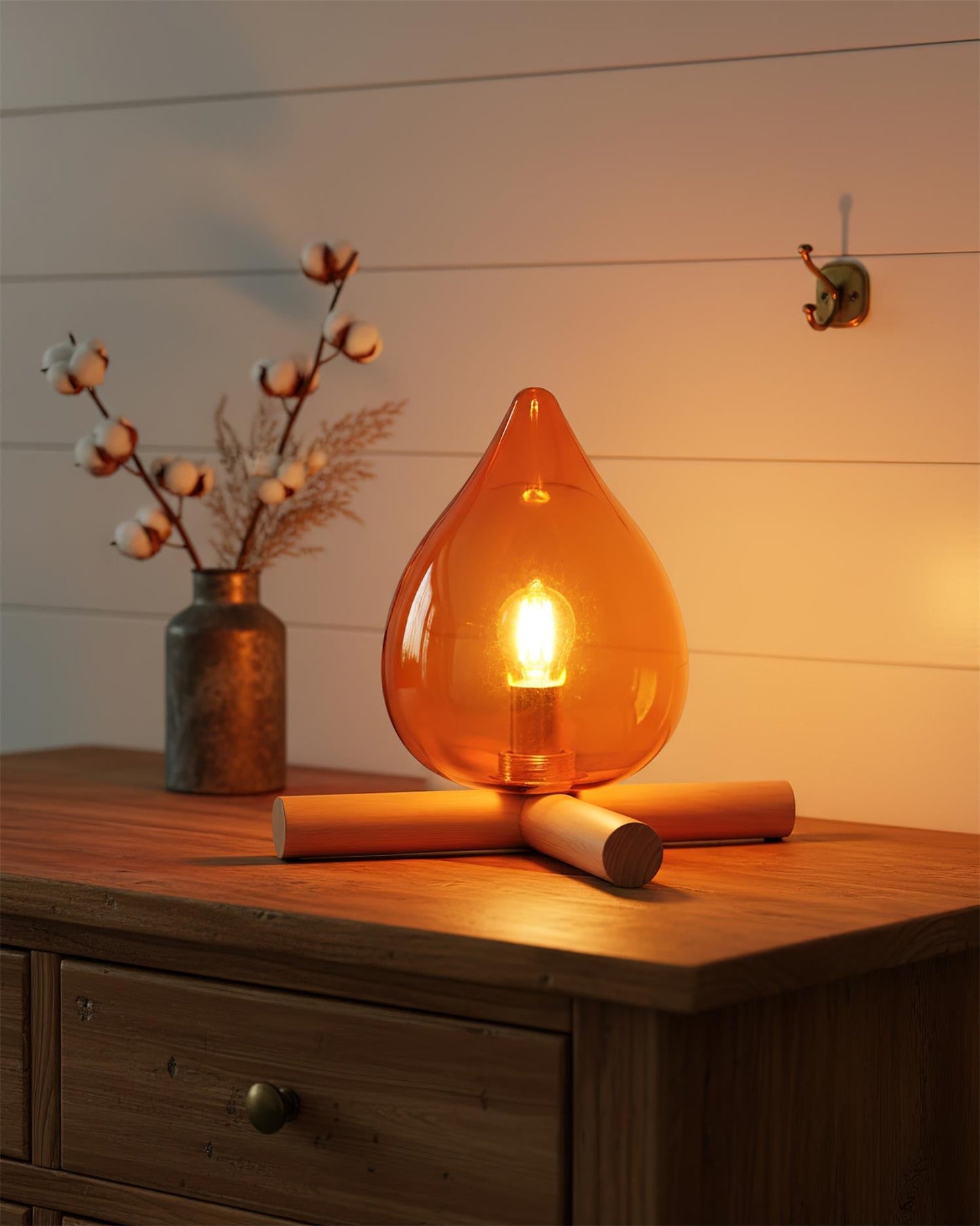 Flame-Inspired Glass Table Lamp With Wooden Cross Base