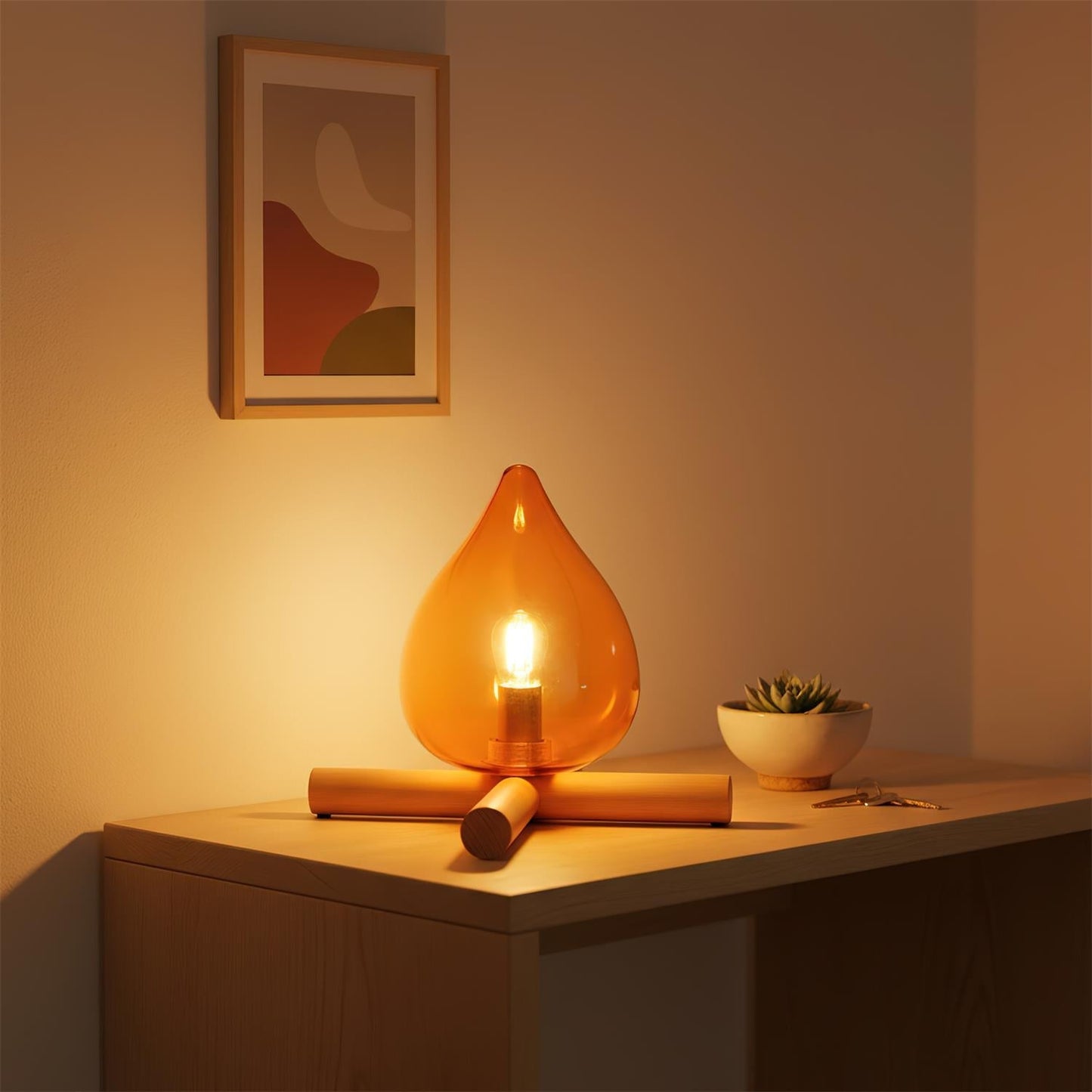 Flame-Inspired Glass Table Lamp With Wooden Cross Base