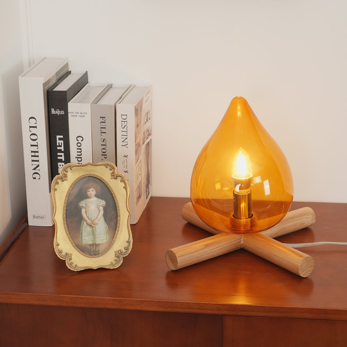 Flame-Inspired Glass Table Lamp With Wooden Cross Base