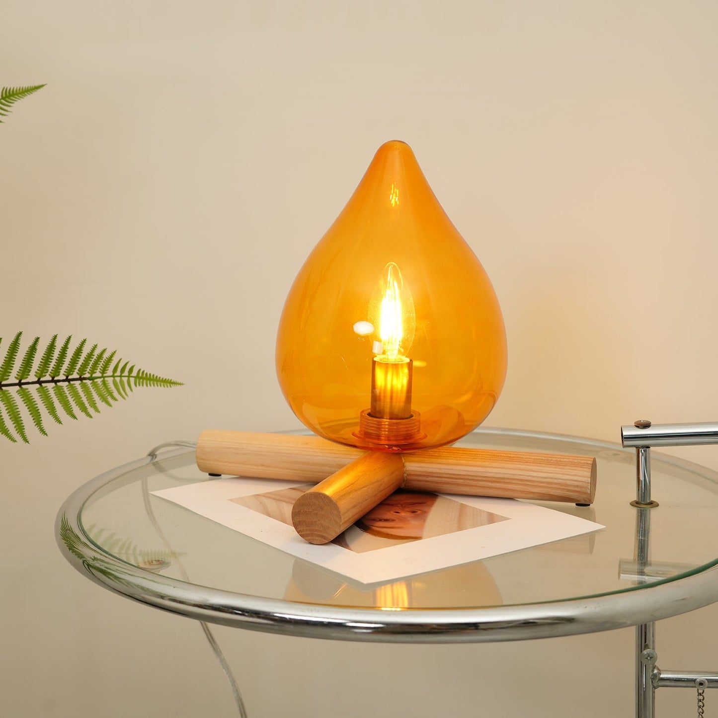 Flame-Inspired Glass Table Lamp With Wooden Cross Base