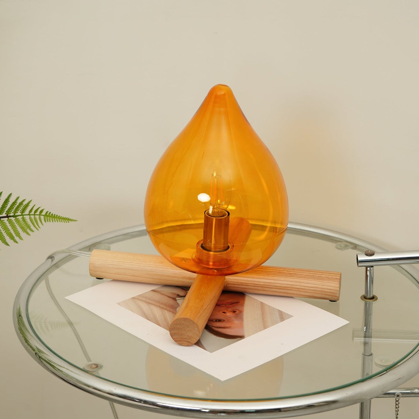 Flame-Inspired Glass Table Lamp With Wooden Cross Base