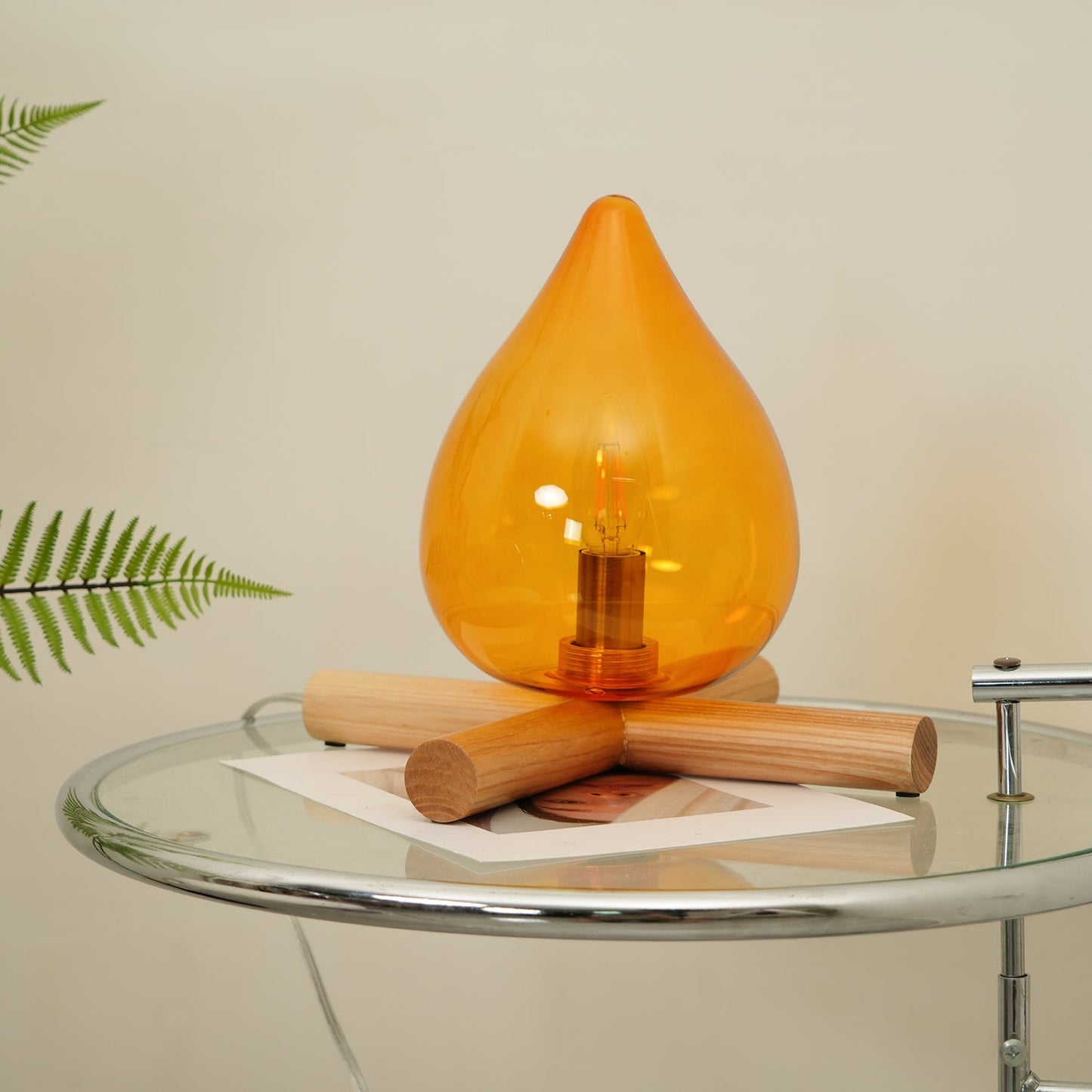 Flame-Inspired Glass Table Lamp With Wooden Cross Base