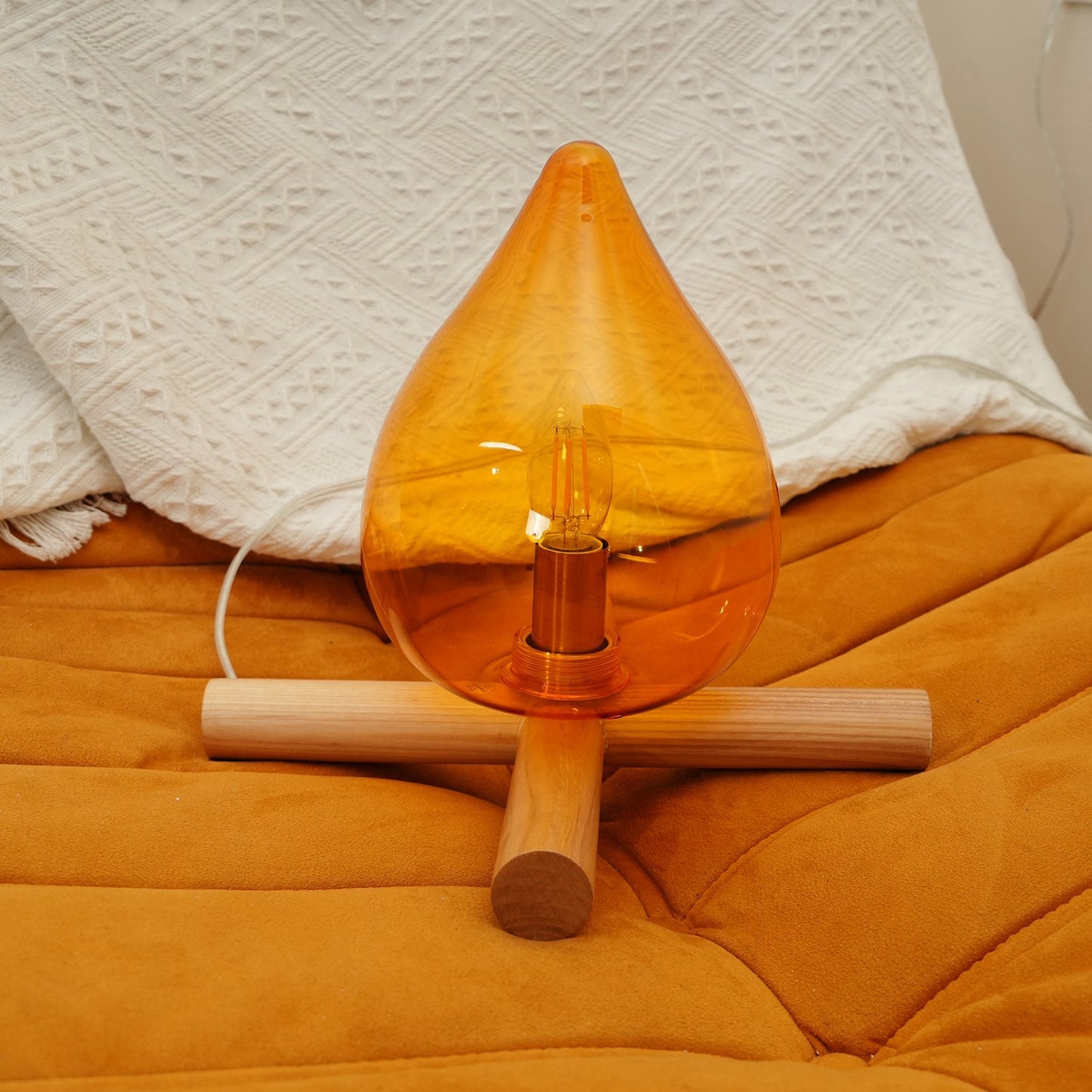 Flame-Inspired Glass Table Lamp With Wooden Cross Base