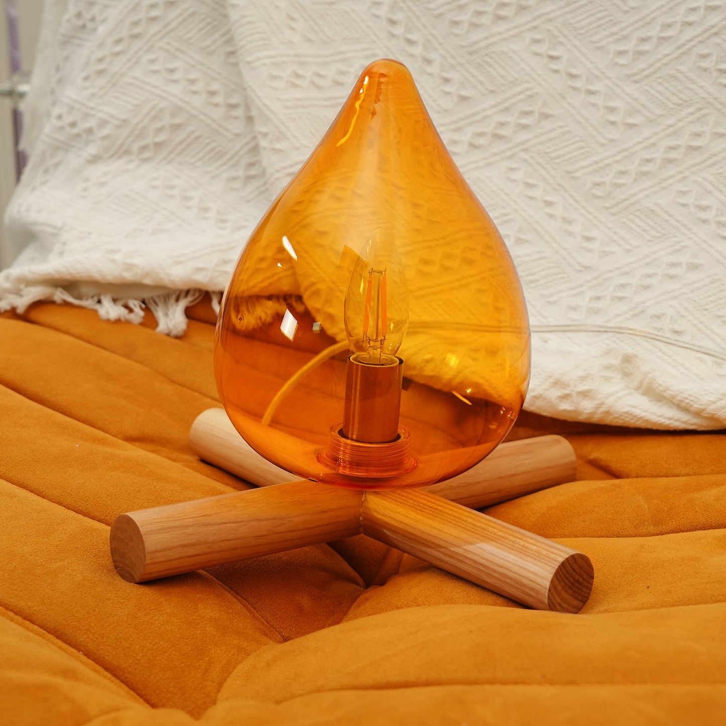 Flame-Inspired Glass Table Lamp With Wooden Cross Base