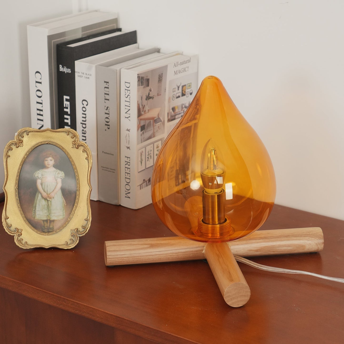 Flame-Inspired Glass Table Lamp With Wooden Cross Base