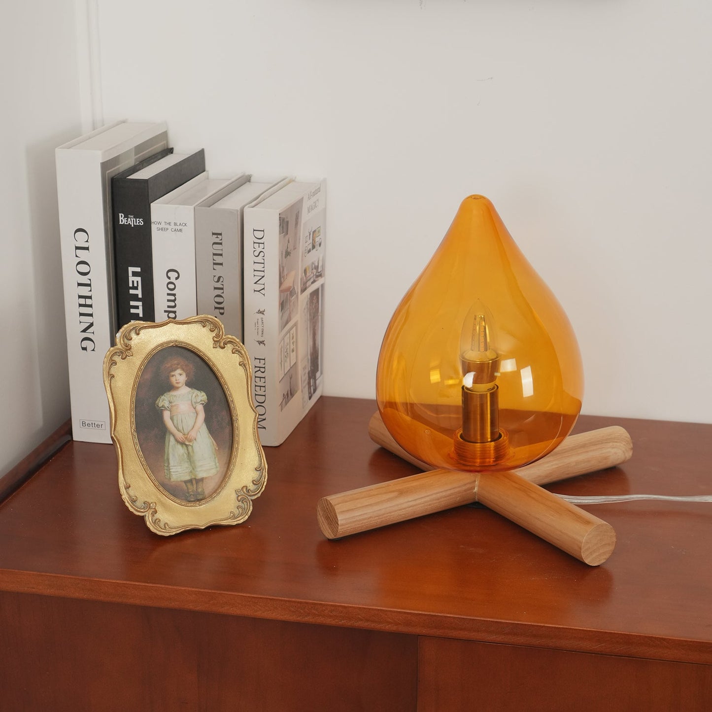 Flame-Inspired Glass Table Lamp With Wooden Cross Base