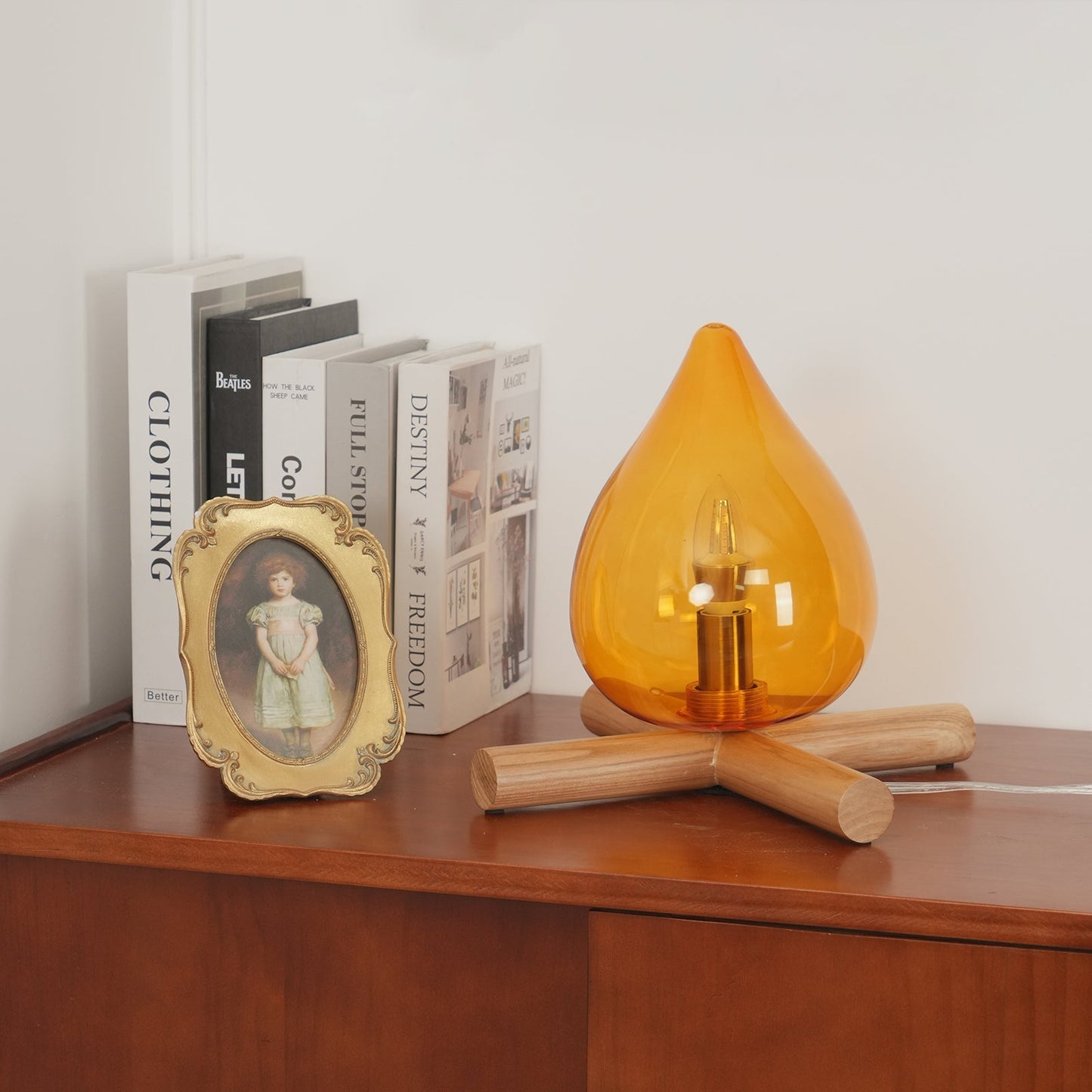 Flame-Inspired Glass Table Lamp With Wooden Cross Base