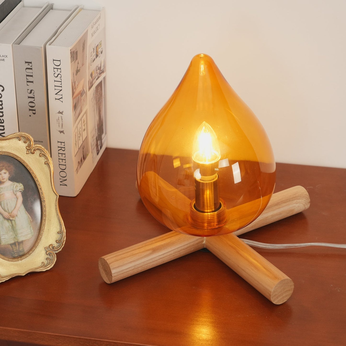 Flame-Inspired Glass Table Lamp With Wooden Cross Base