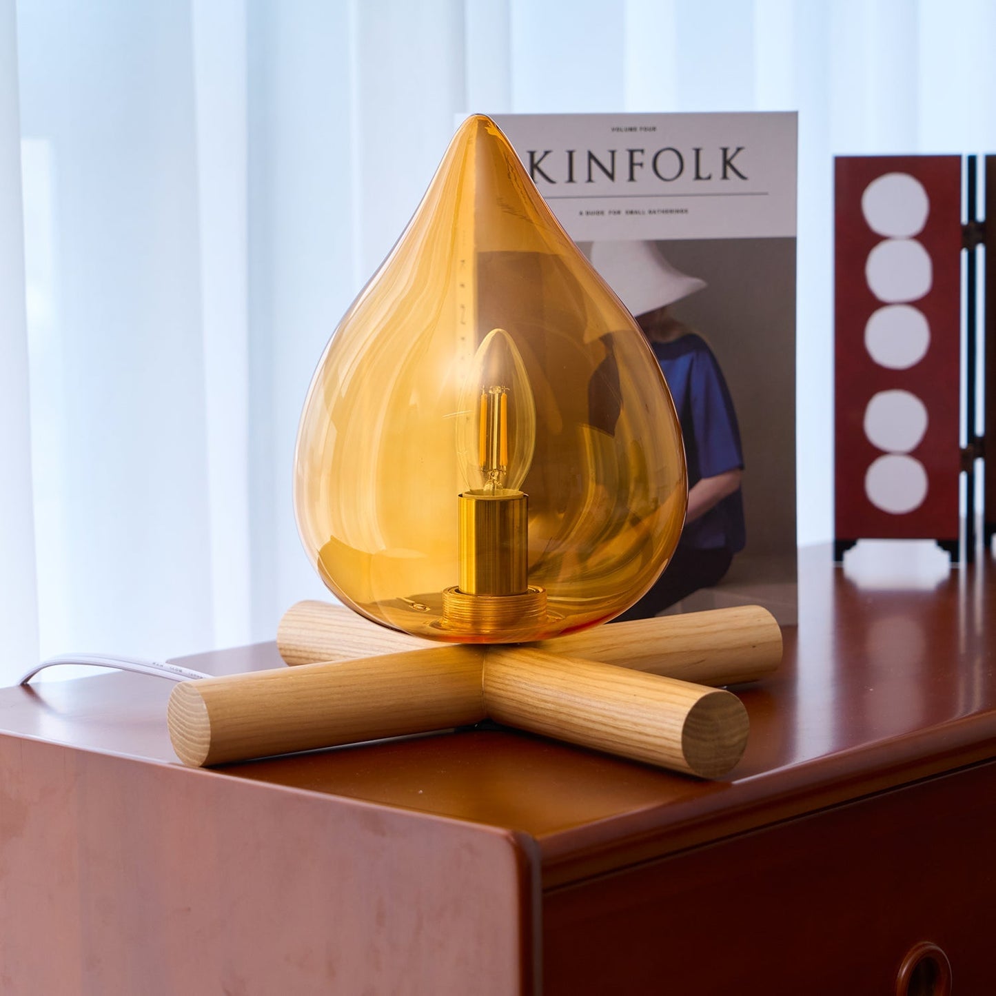 Flame-Inspired Glass Table Lamp With Wooden Cross Base