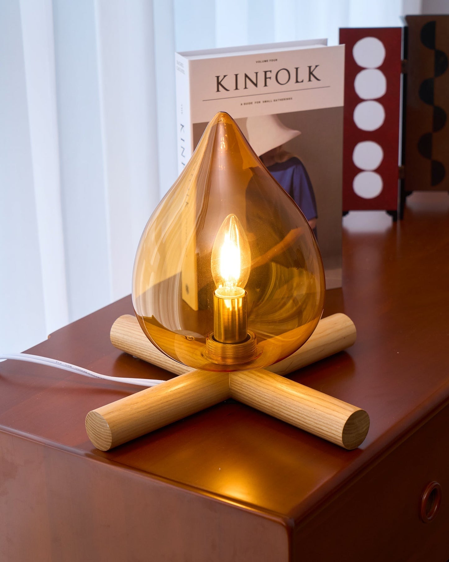 Flame-Inspired Glass Table Lamp With Wooden Cross Base