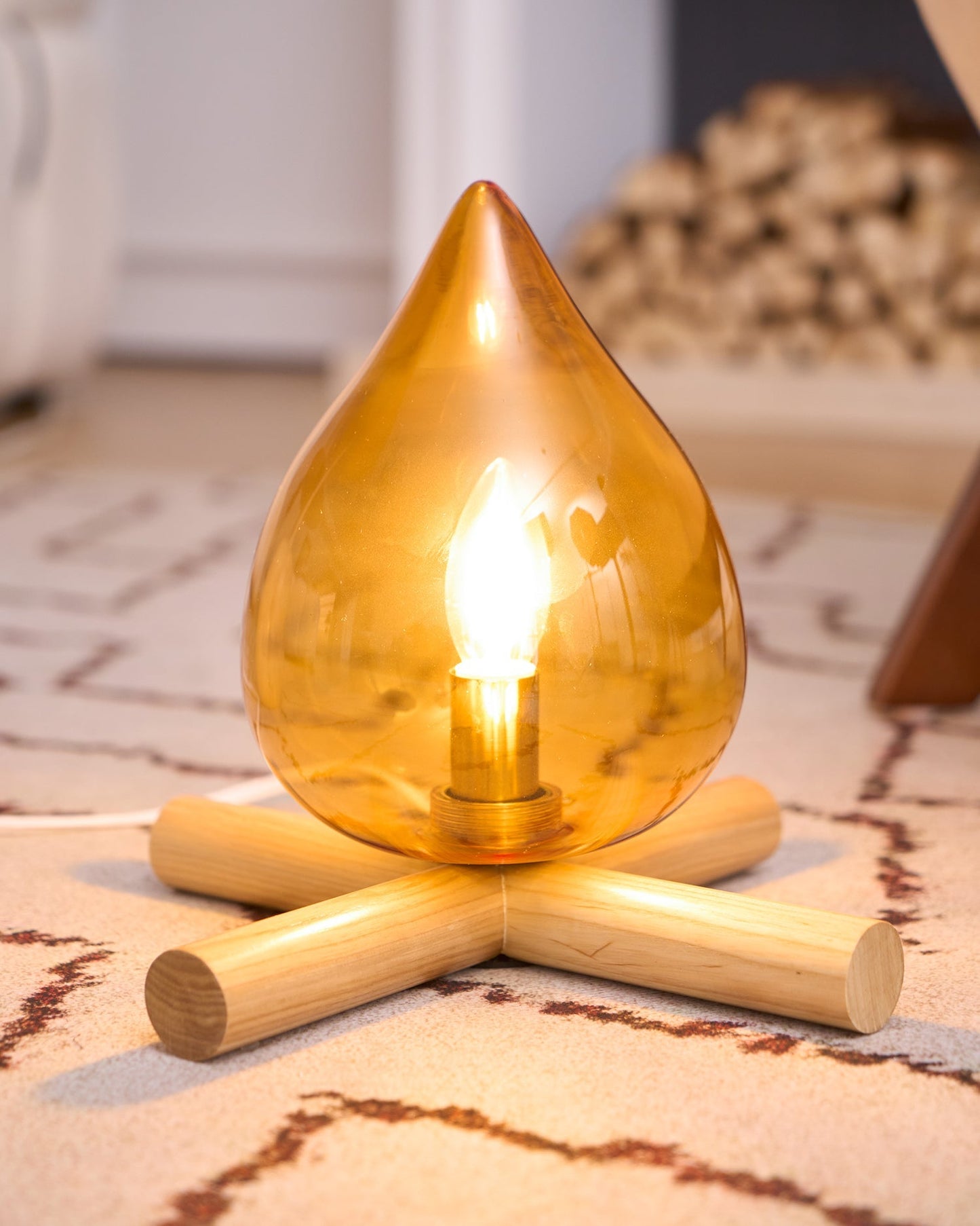 Flame-Inspired Glass Table Lamp With Wooden Cross Base