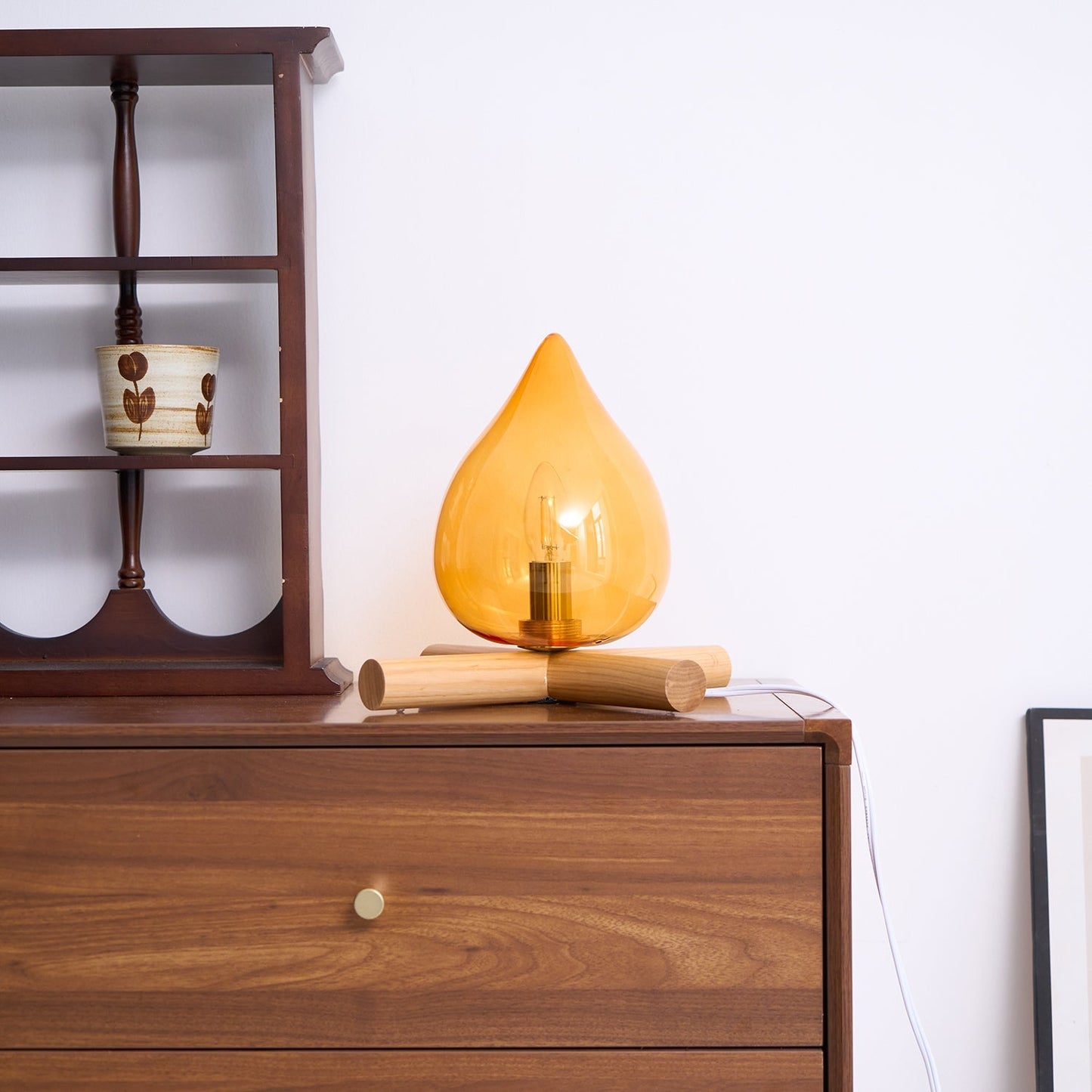 Flame-Inspired Glass Table Lamp With Wooden Cross Base
