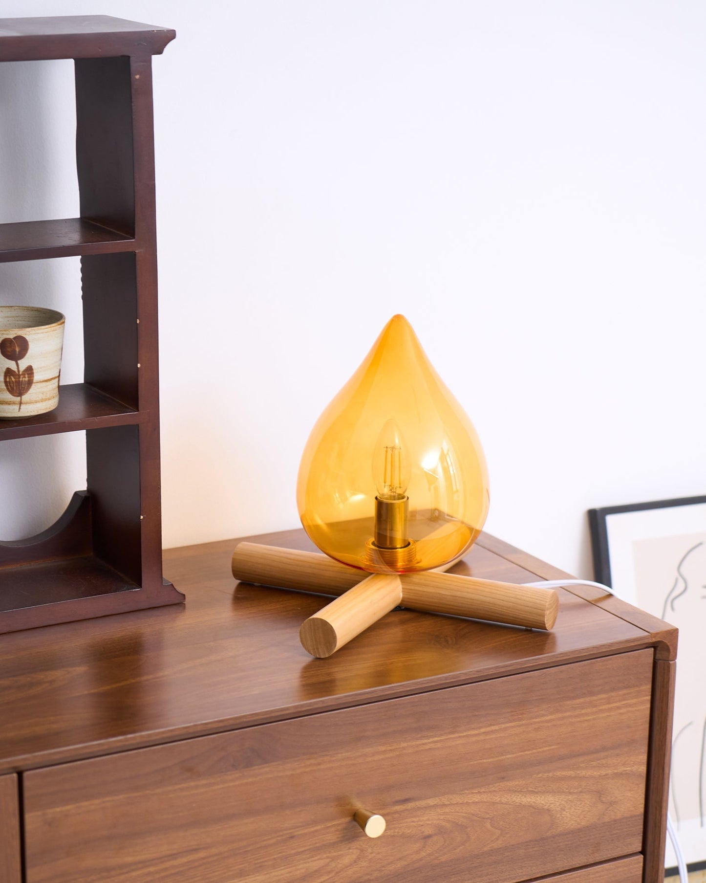 Flame-Inspired Glass Table Lamp With Wooden Cross Base