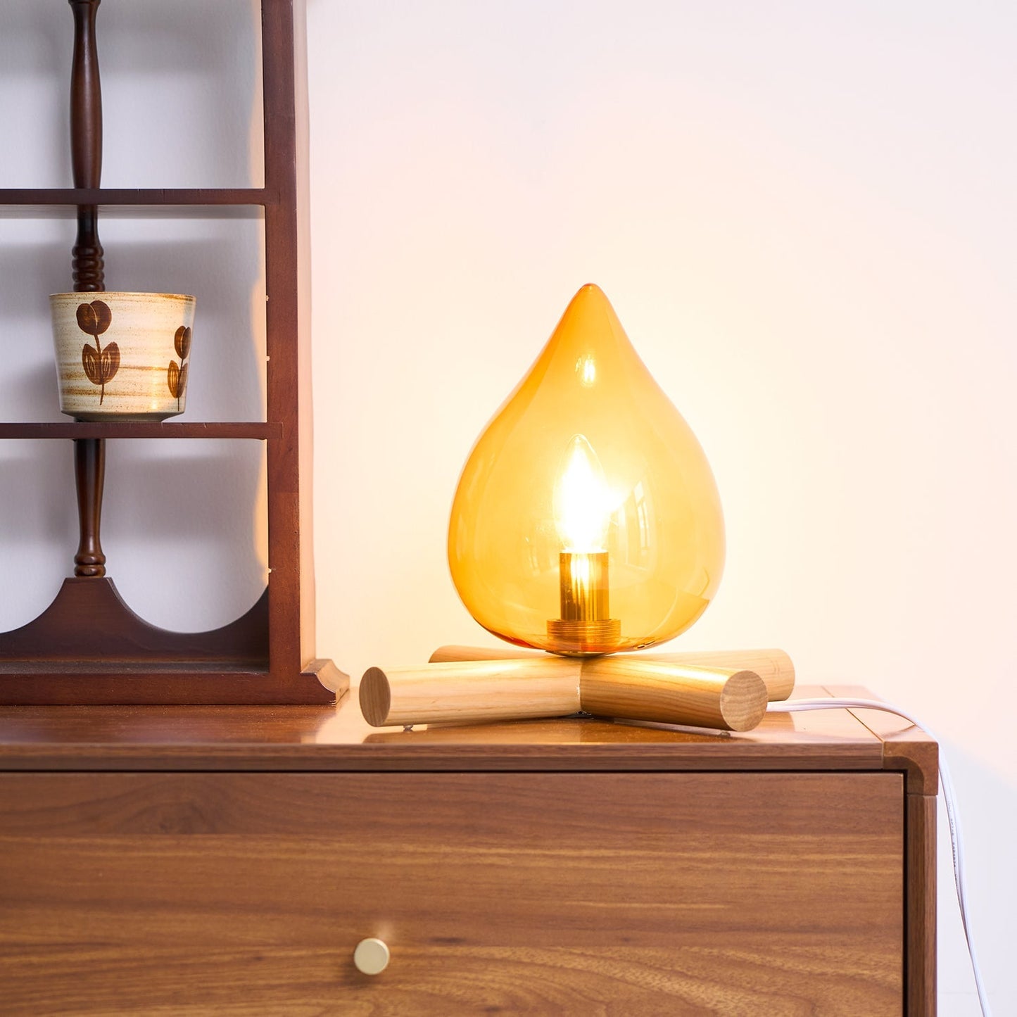 Flame-Inspired Glass Table Lamp With Wooden Cross Base