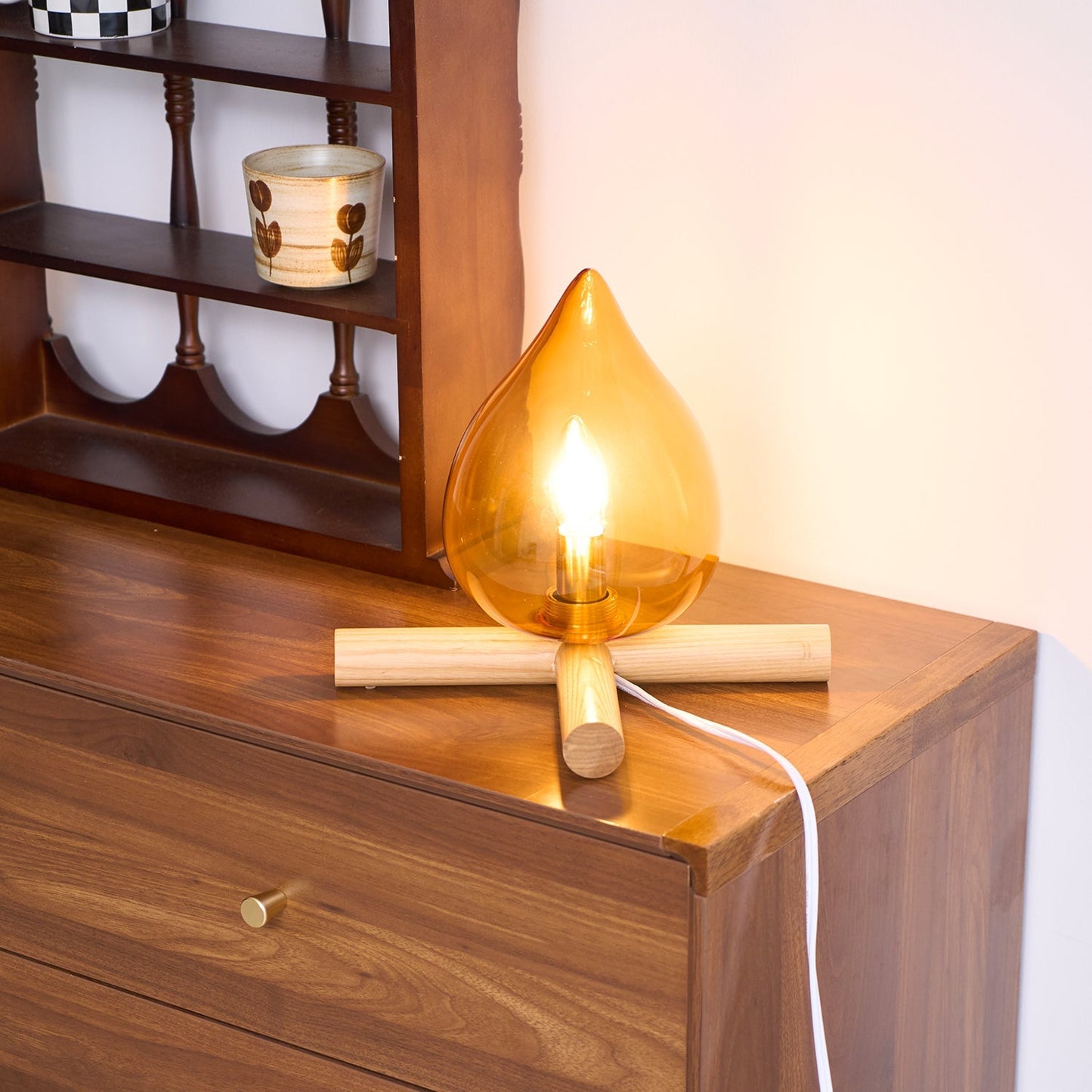 Flame-Inspired Glass Table Lamp With Wooden Cross Base
