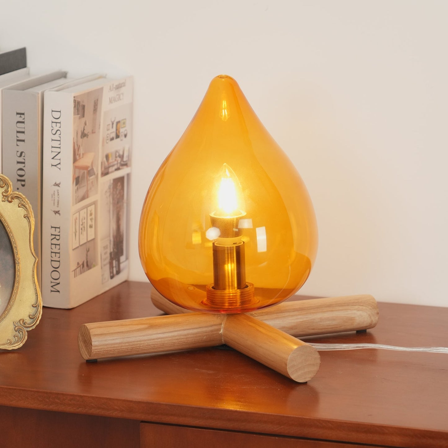 Flame-Inspired Glass Table Lamp With Wooden Cross Base