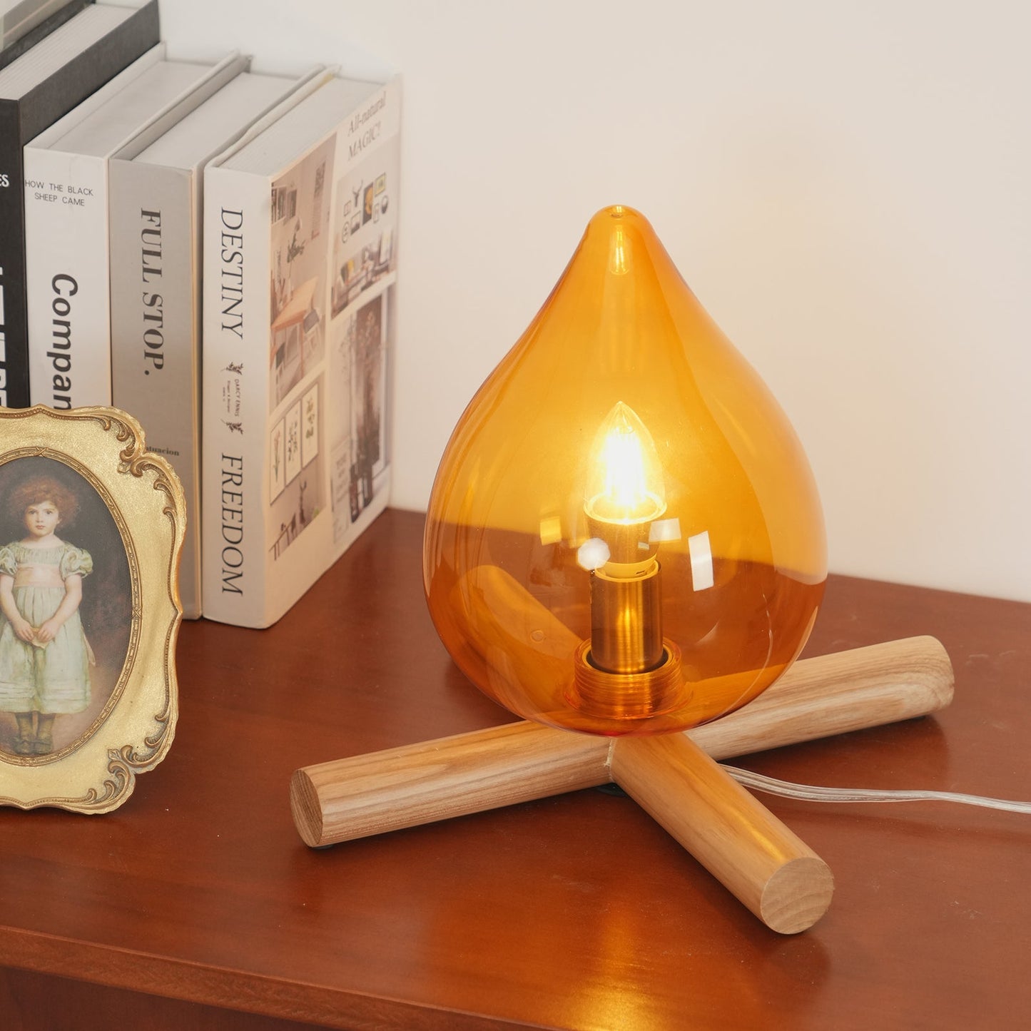 Flame-Inspired Glass Table Lamp With Wooden Cross Base