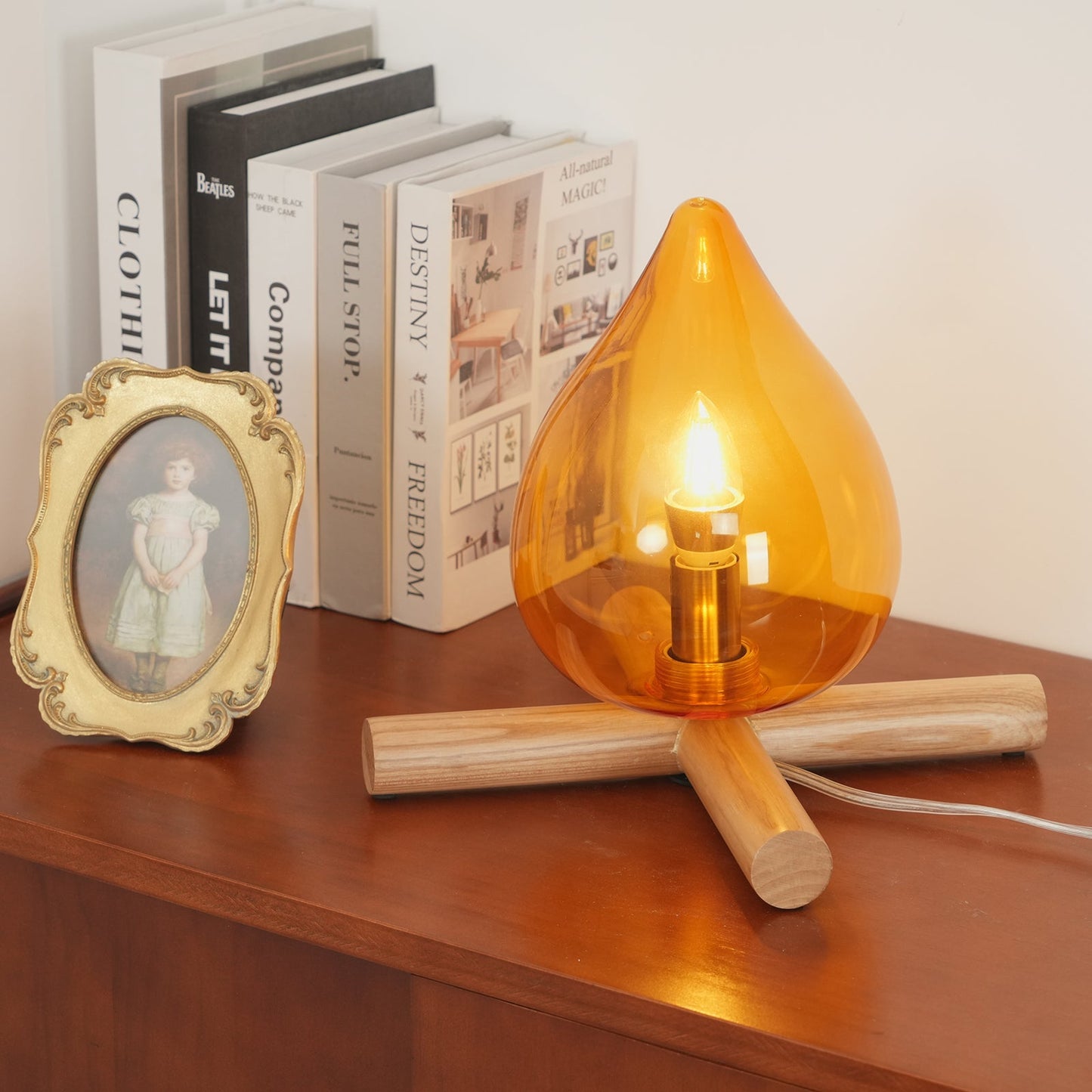 Flame-Inspired Glass Table Lamp With Wooden Cross Base