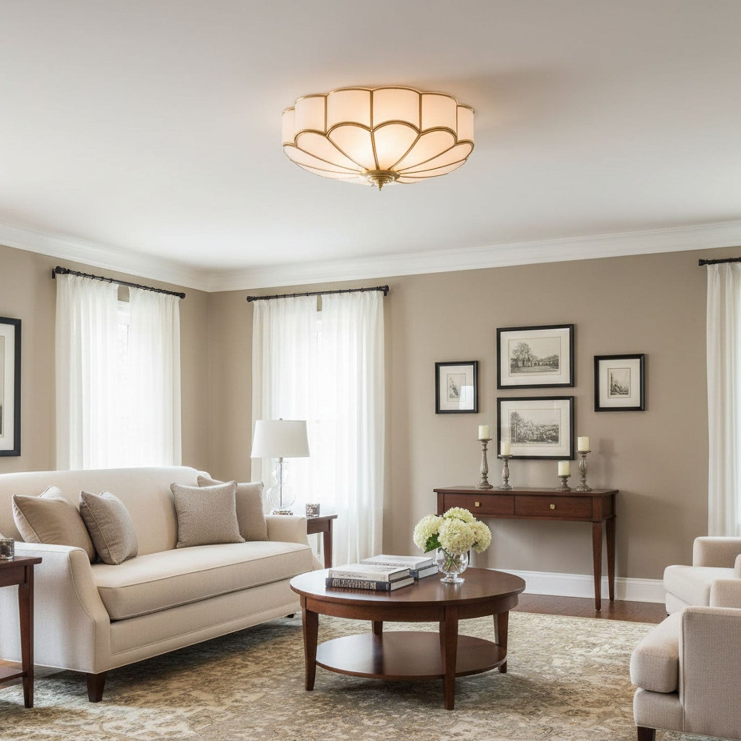 Flower-Shape Glass Flush Mount Ceiling Light With Petal Shade