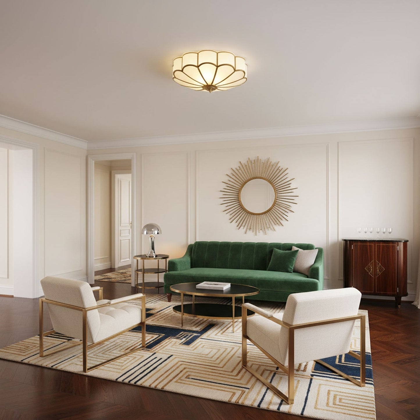 Flower-Shape Glass Flush Mount Ceiling Light With Petal Shade