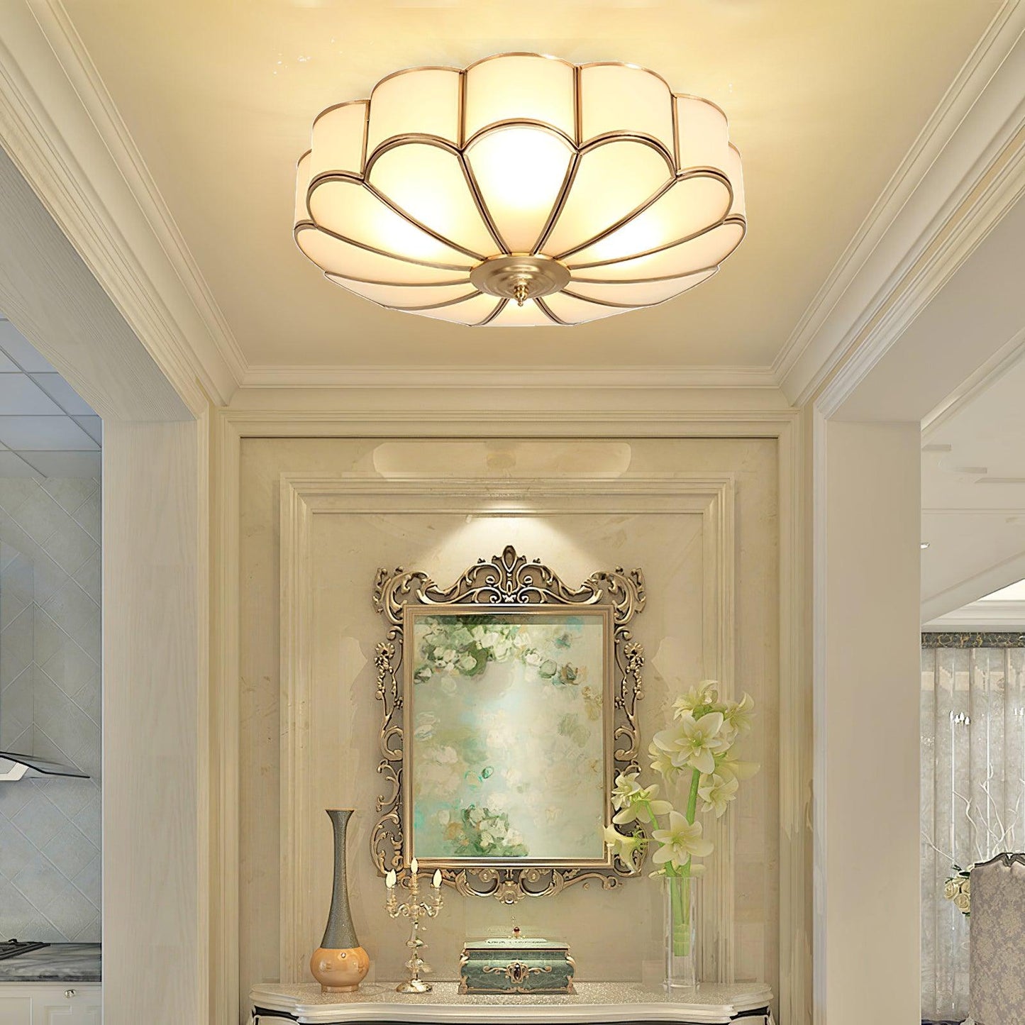 Flower-Shape Glass Flush Mount Ceiling Light With Petal Shade