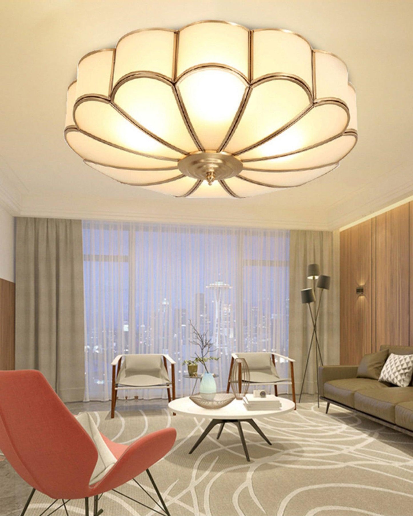Flower-Shape Glass Flush Mount Ceiling Light With Petal Shade