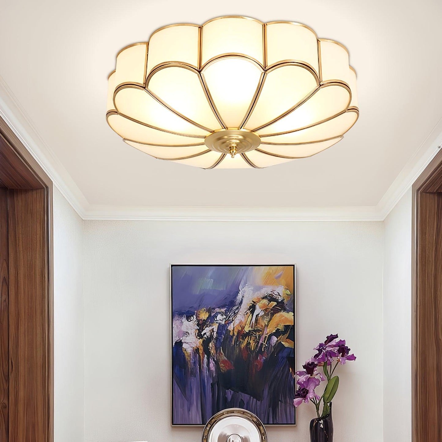 Flower-Shape Glass Flush Mount Ceiling Light With Petal Shade