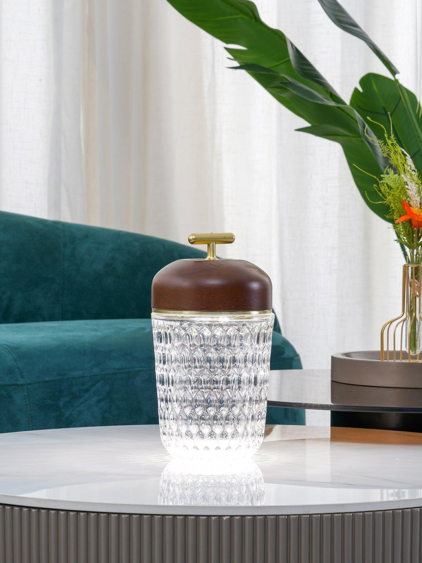 Portable Faceted Glass Table Lamp With Top Handle