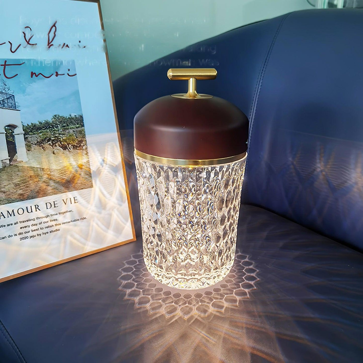 Portable Faceted Glass Table Lamp With Top Handle