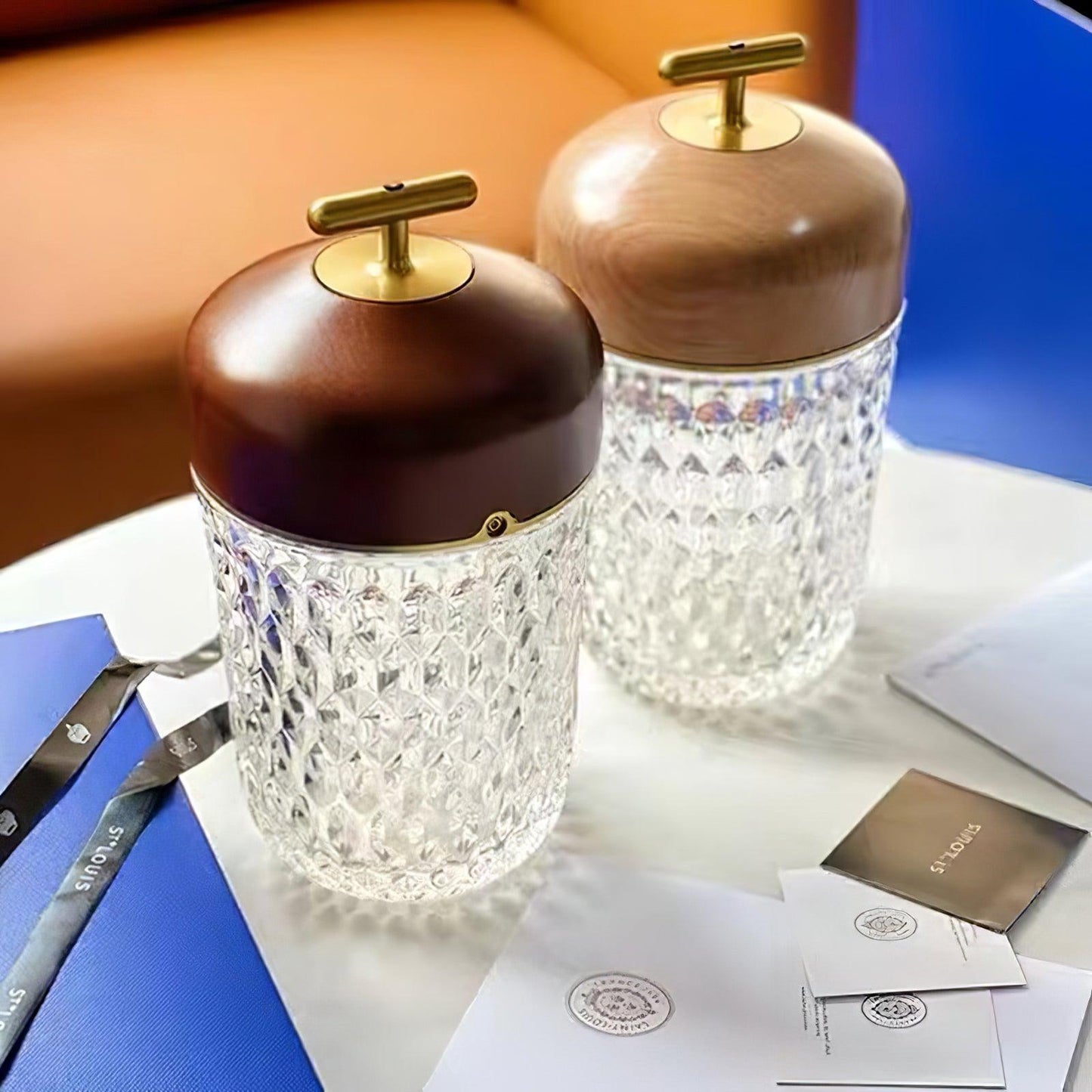 Portable Faceted Glass Table Lamp With Top Handle