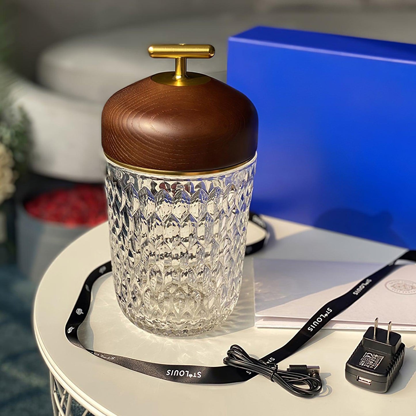Portable Faceted Glass Table Lamp With Top Handle