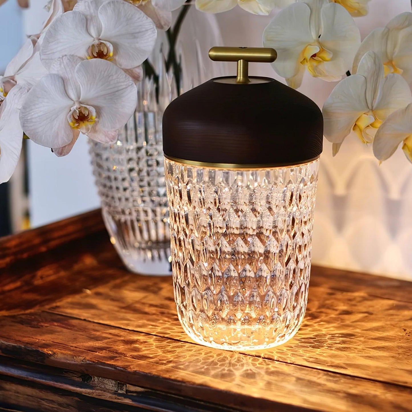 Portable Faceted Glass Table Lamp With Top Handle