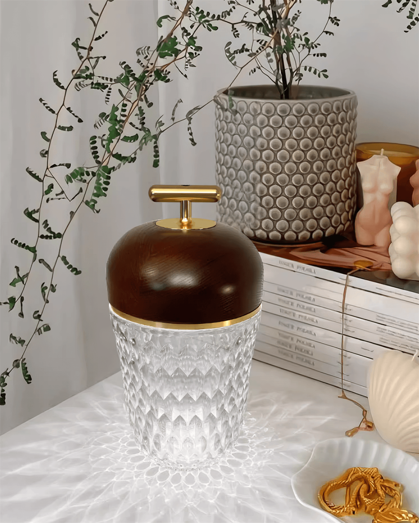Portable Faceted Glass Table Lamp With Top Handle