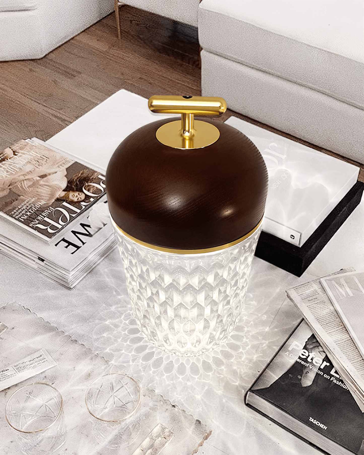 Portable Faceted Glass Table Lamp With Top Handle