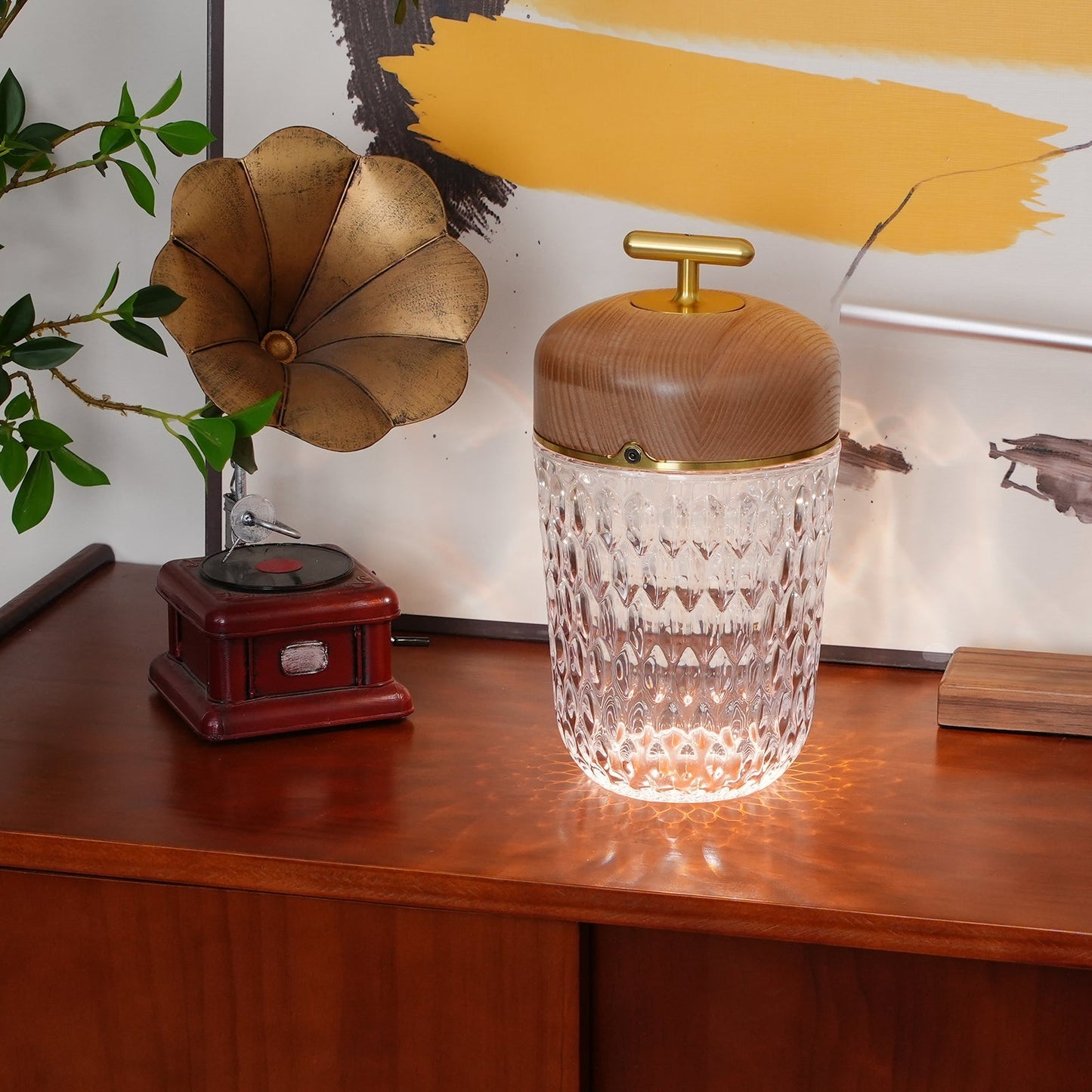 Portable Faceted Glass Table Lamp With Top Handle