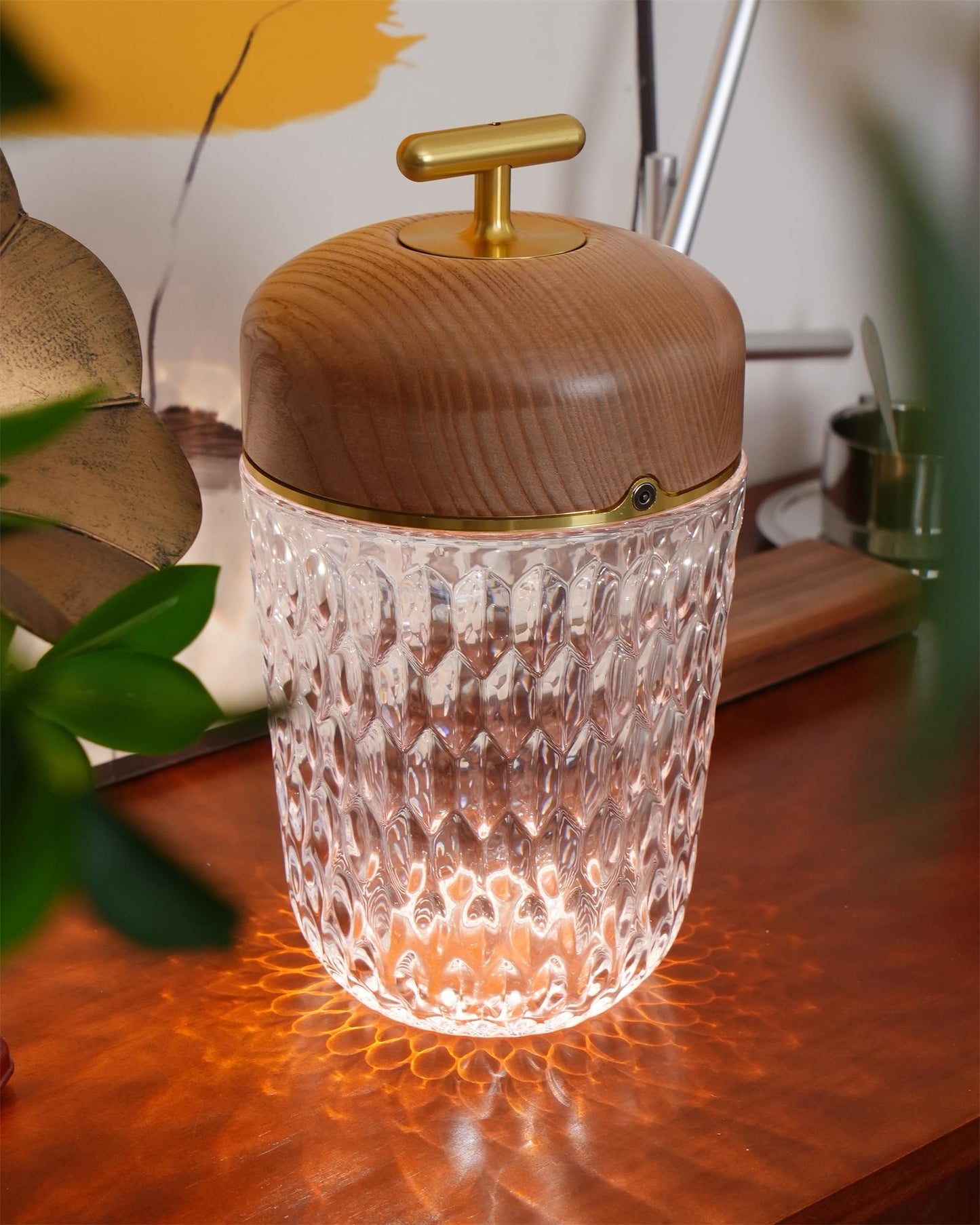 Portable Faceted Glass Table Lamp With Top Handle