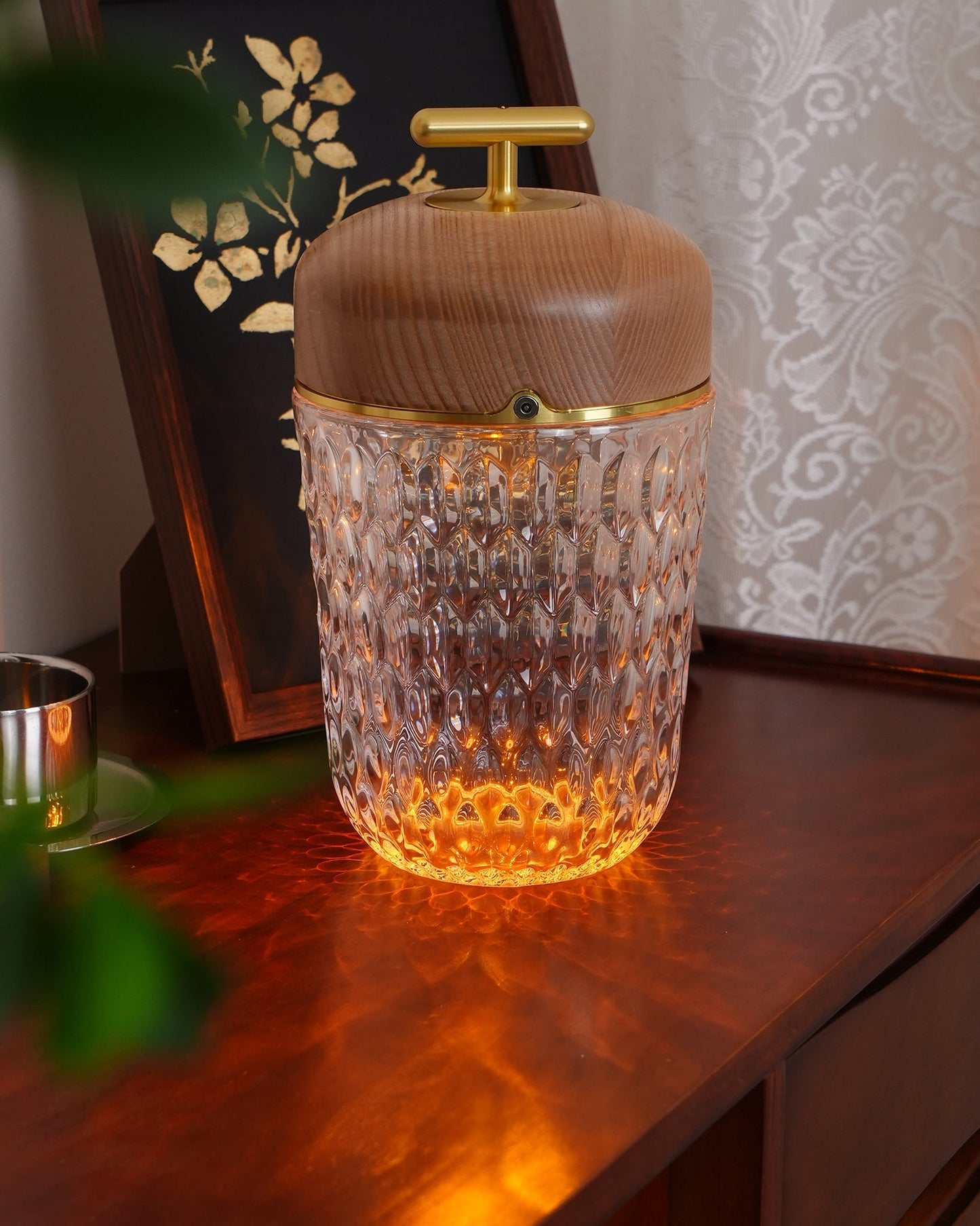 Portable Faceted Glass Table Lamp With Top Handle