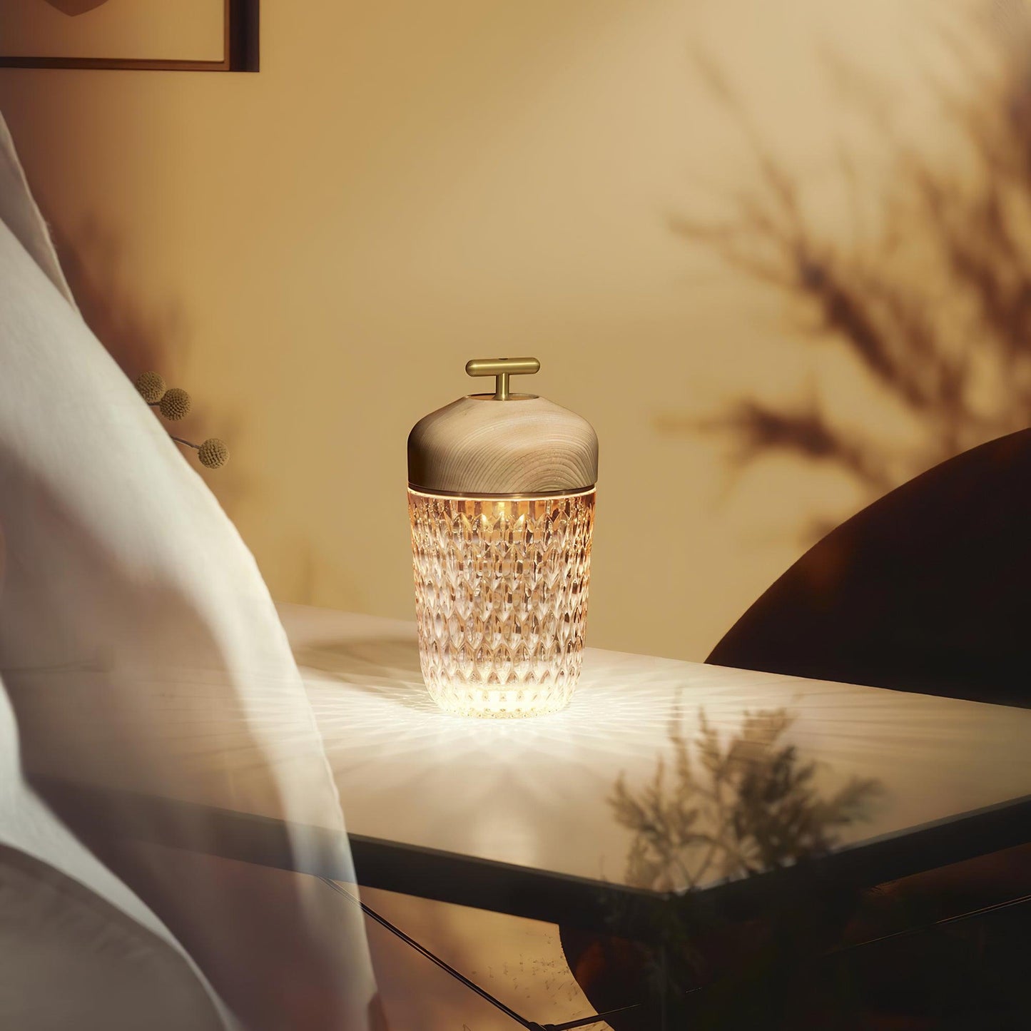 Portable Faceted Glass Table Lamp With Top Handle