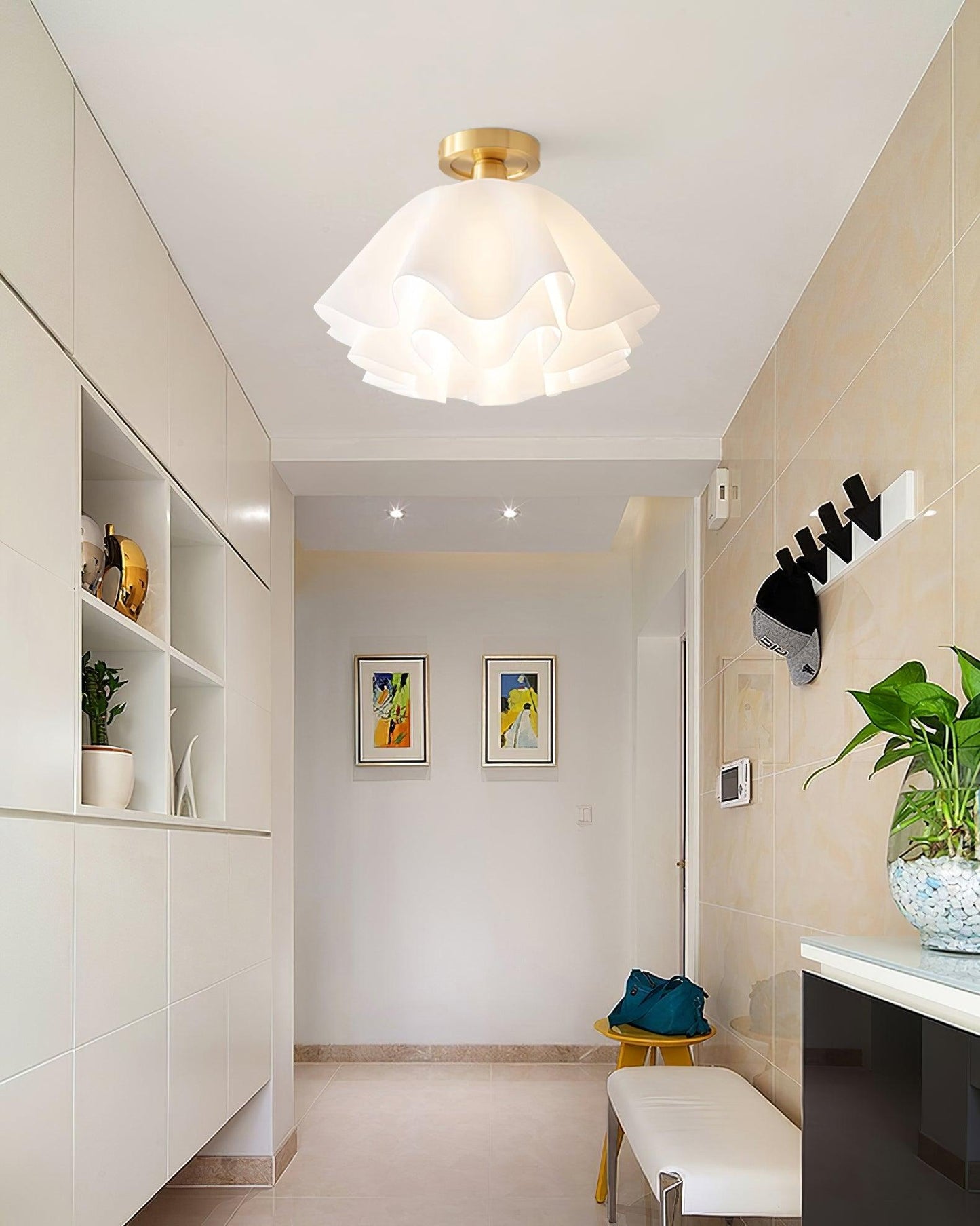 Ruffled Shade Semi Flush Mount Ceiling Light With Brass Fitting