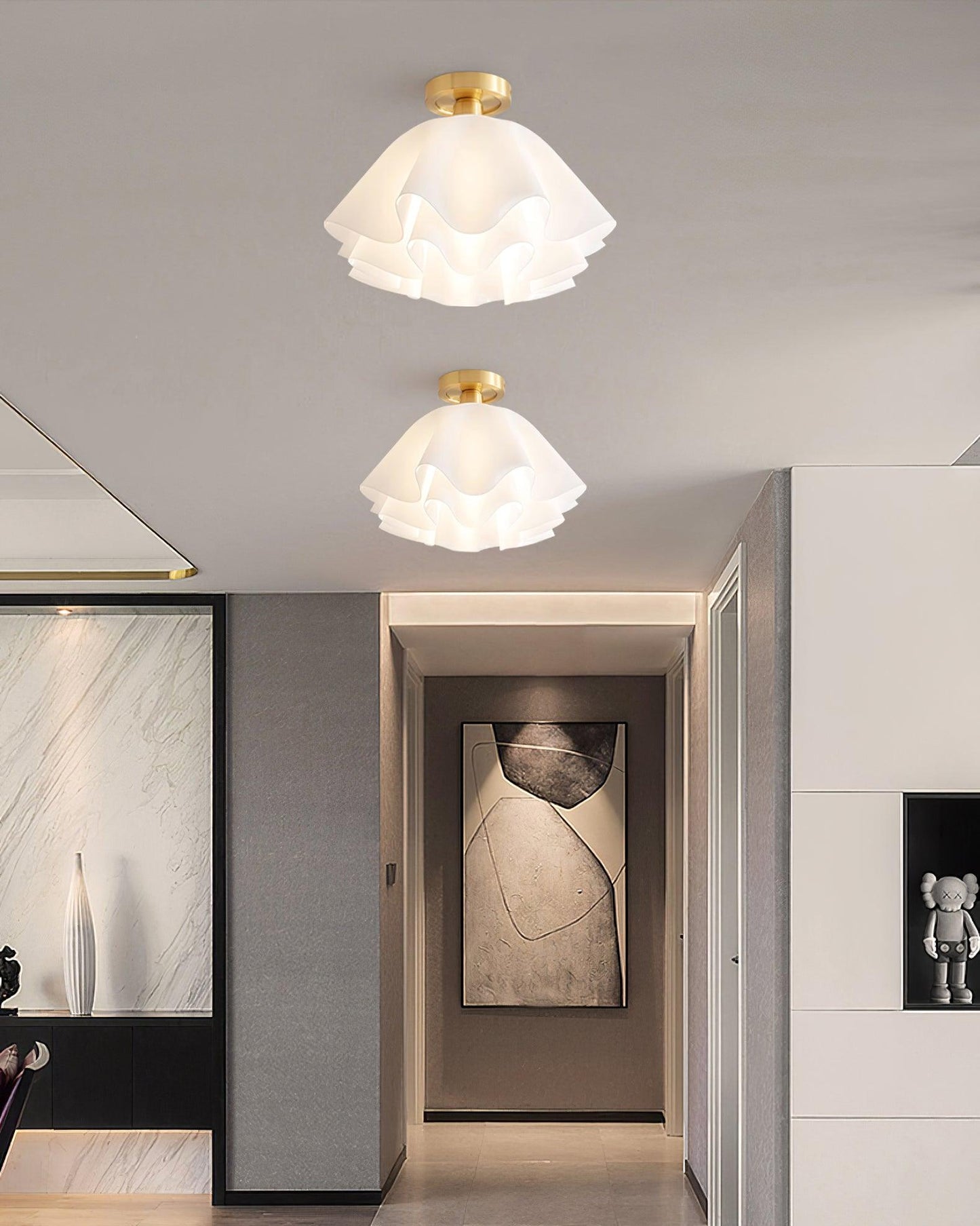 Ruffled Shade Semi Flush Mount Ceiling Light With Brass Fitting