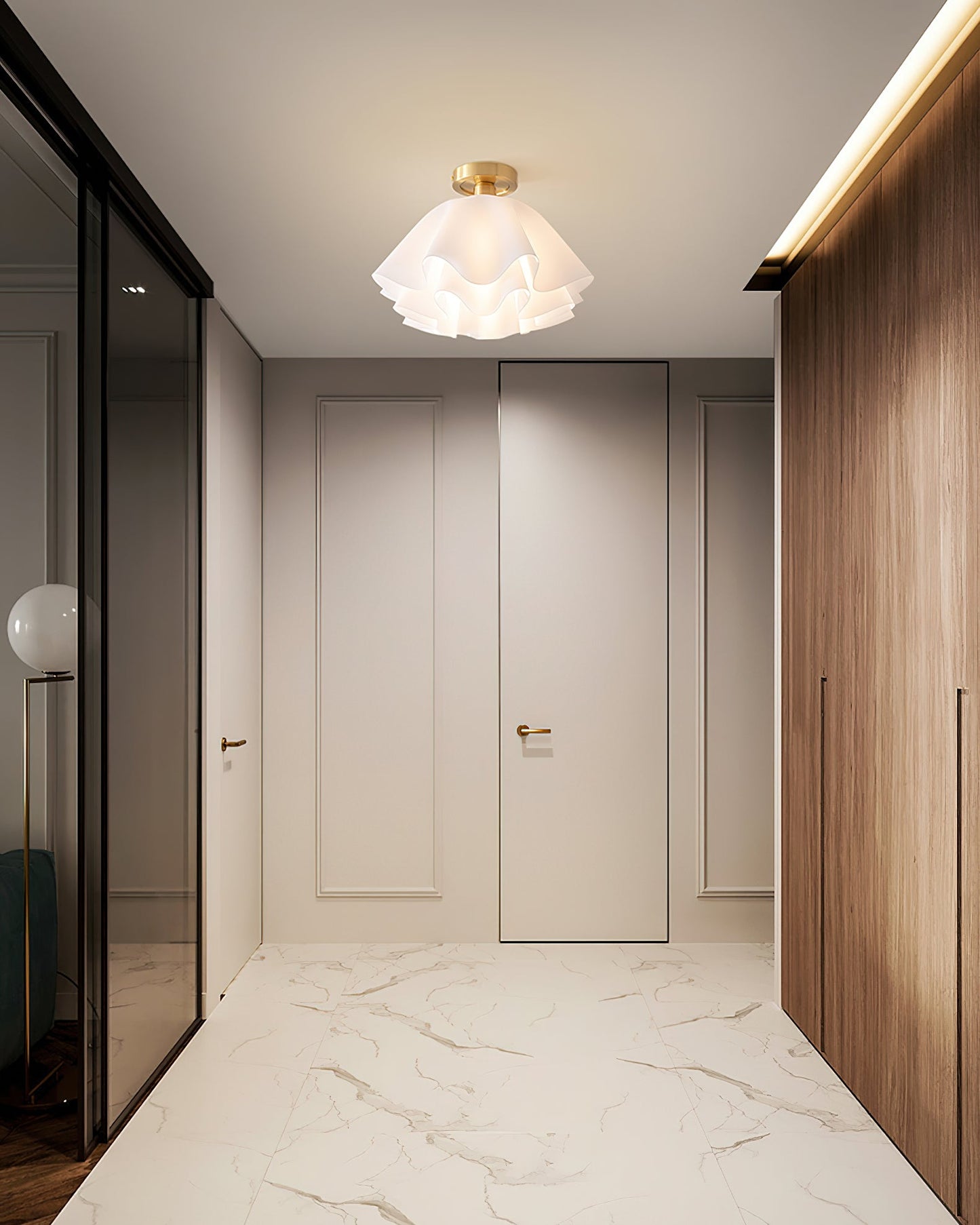 Ruffled Shade Semi Flush Mount Ceiling Light With Brass Fitting