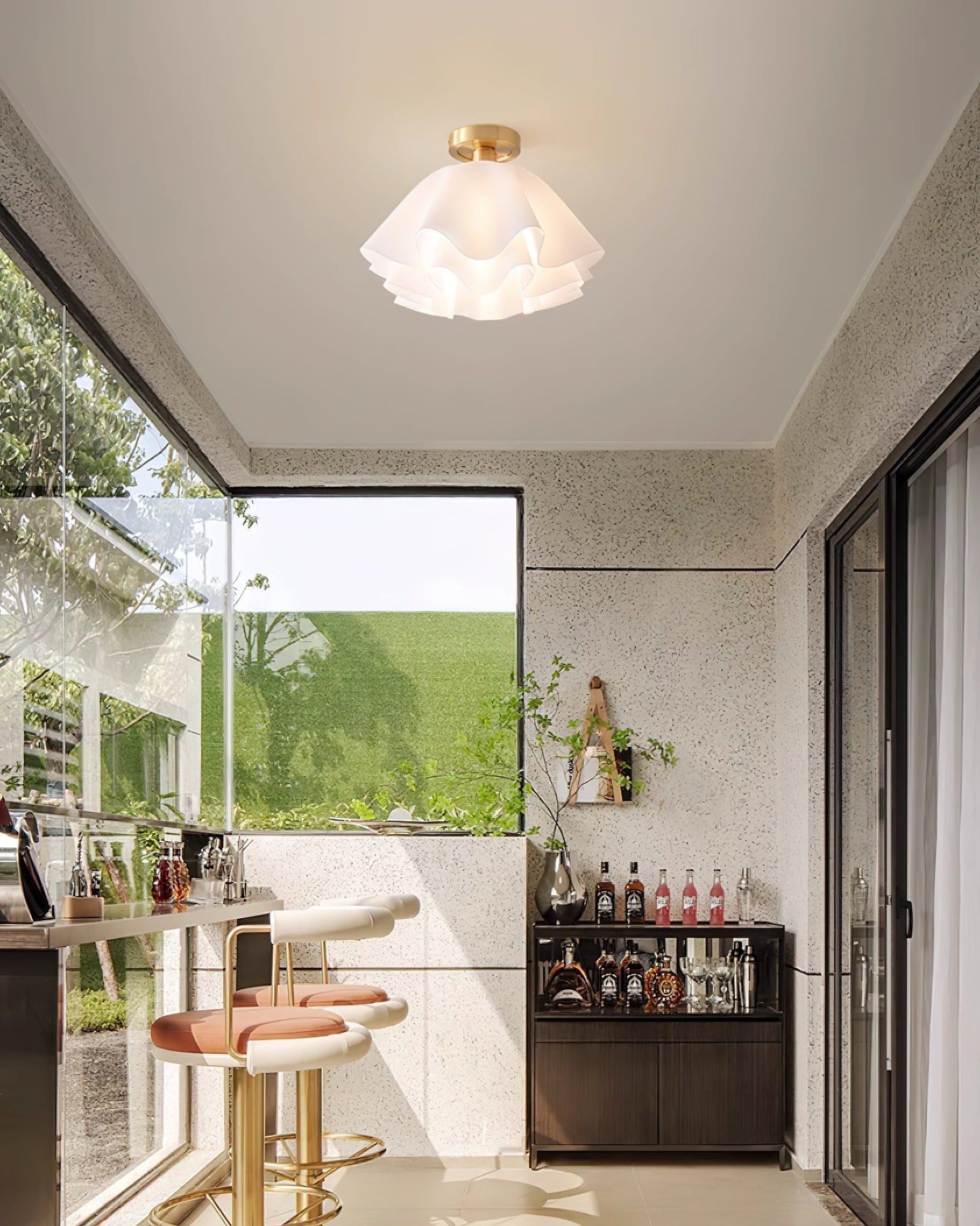 Ruffled Shade Semi Flush Mount Ceiling Light With Brass Fitting