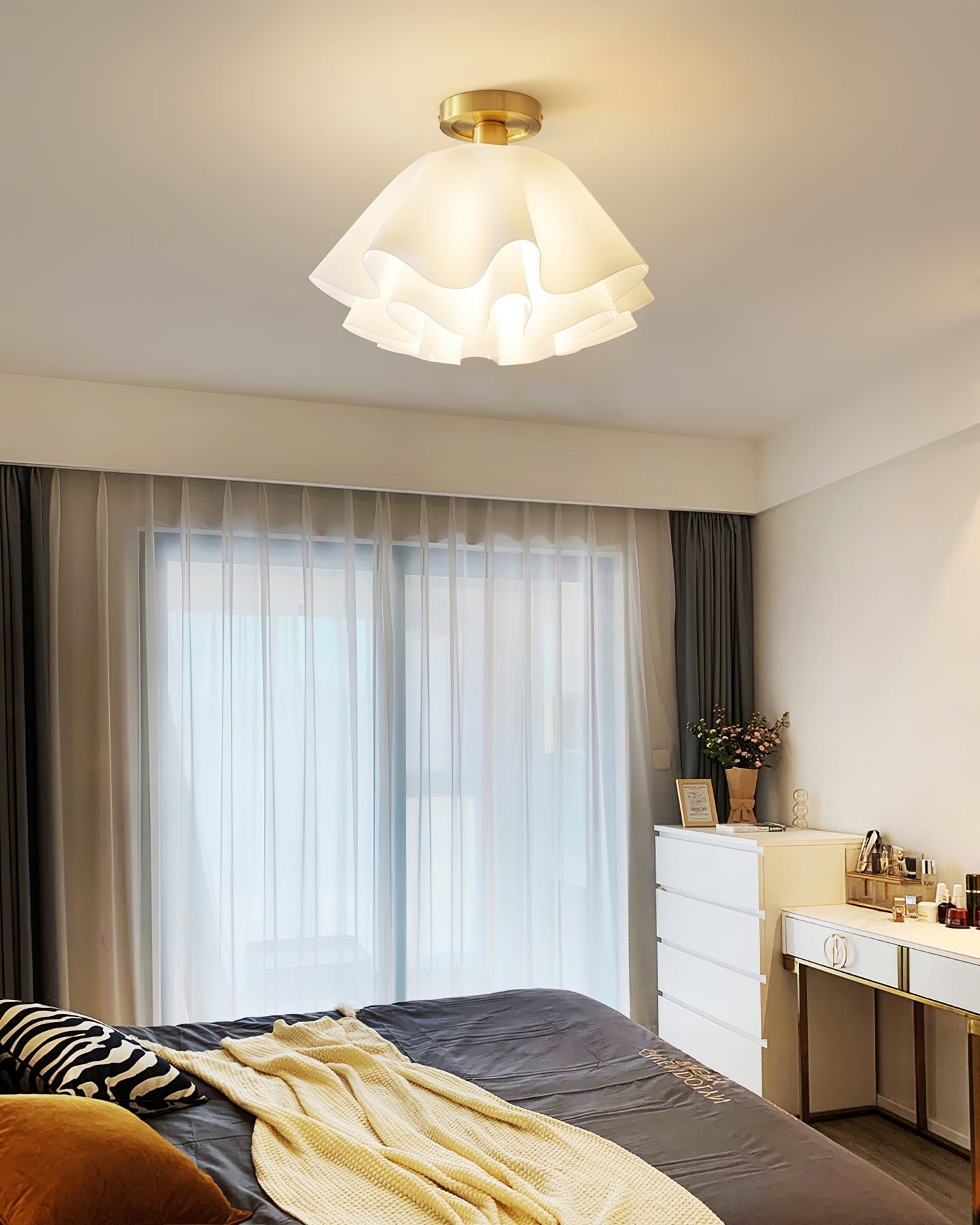 Ruffled Shade Semi Flush Mount Ceiling Light With Brass Fitting