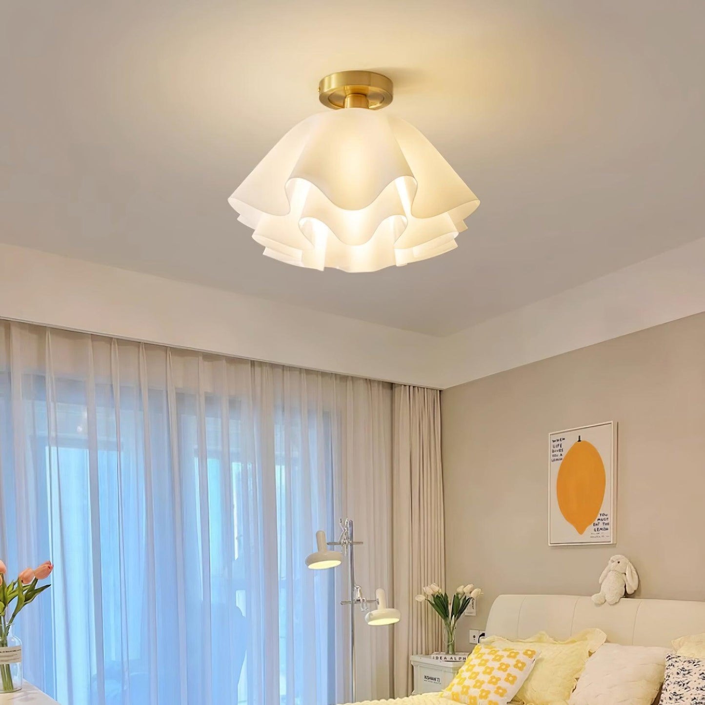 Ruffled Shade Semi Flush Mount Ceiling Light With Brass Fitting