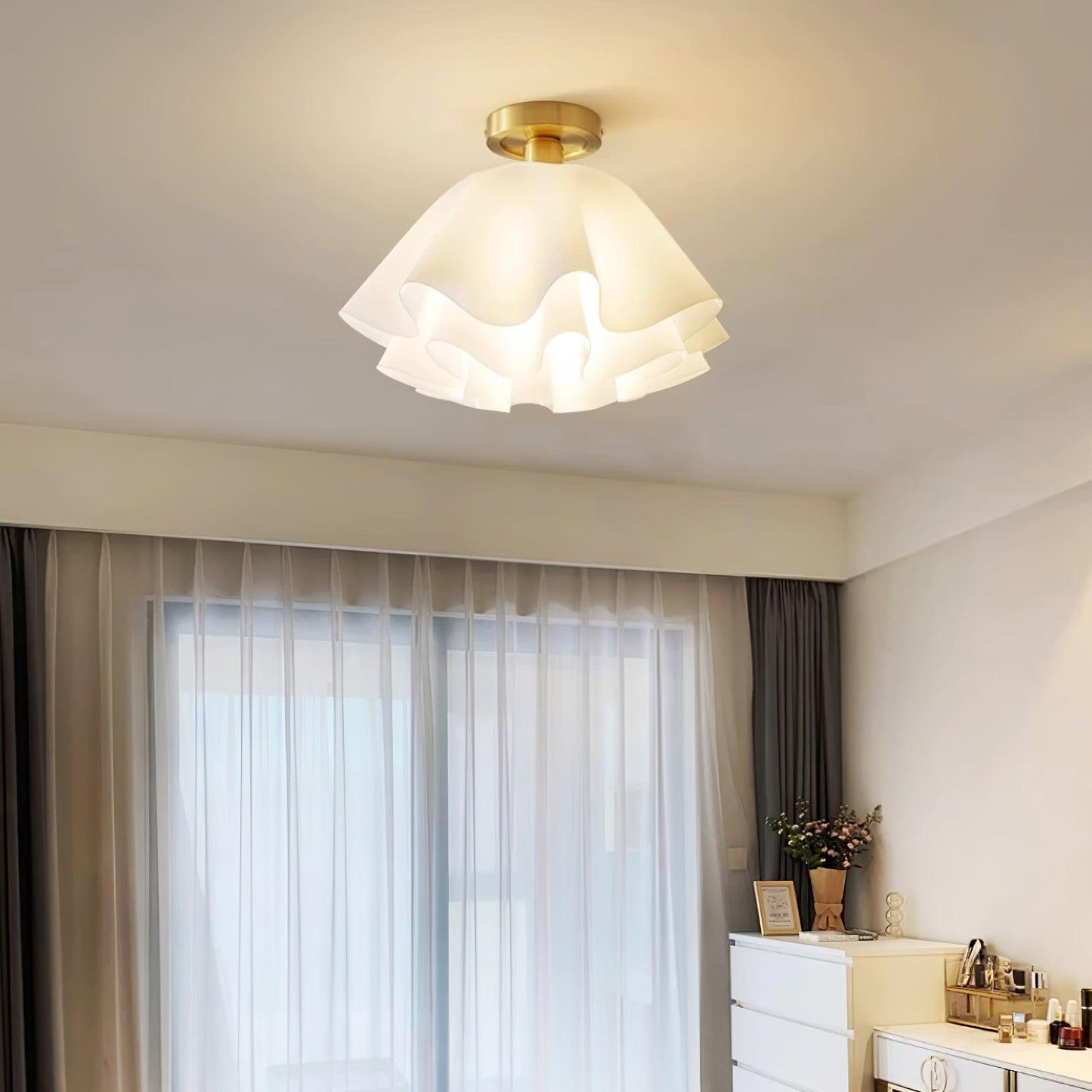 Ruffled Shade Semi Flush Mount Ceiling Light With Brass Fitting