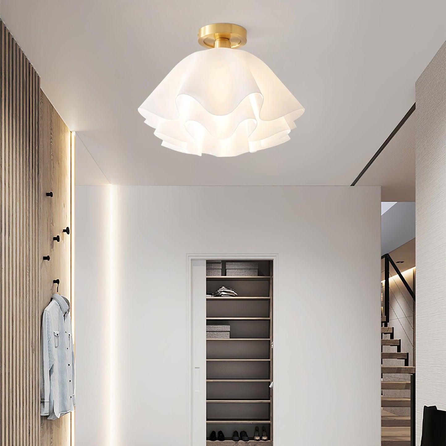 Ruffled Shade Semi Flush Mount Ceiling Light With Brass Fitting